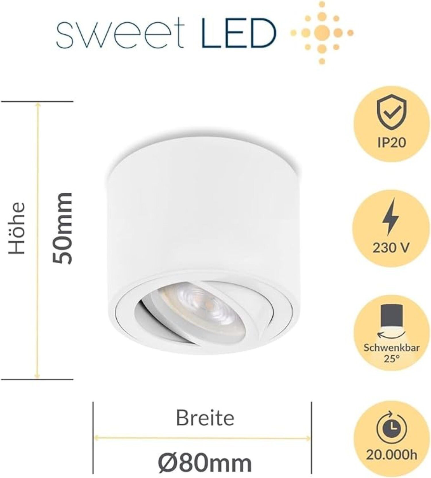 Sweet LED LED Aufbaustrahler flach 4er Set 5 W 230 V Aufbauspots rund weiß matt Aluminium, LED wechselbar, Warmweiß, LED Deckenlampe, Deckenspot, Deckenstrahler, schwenkbar