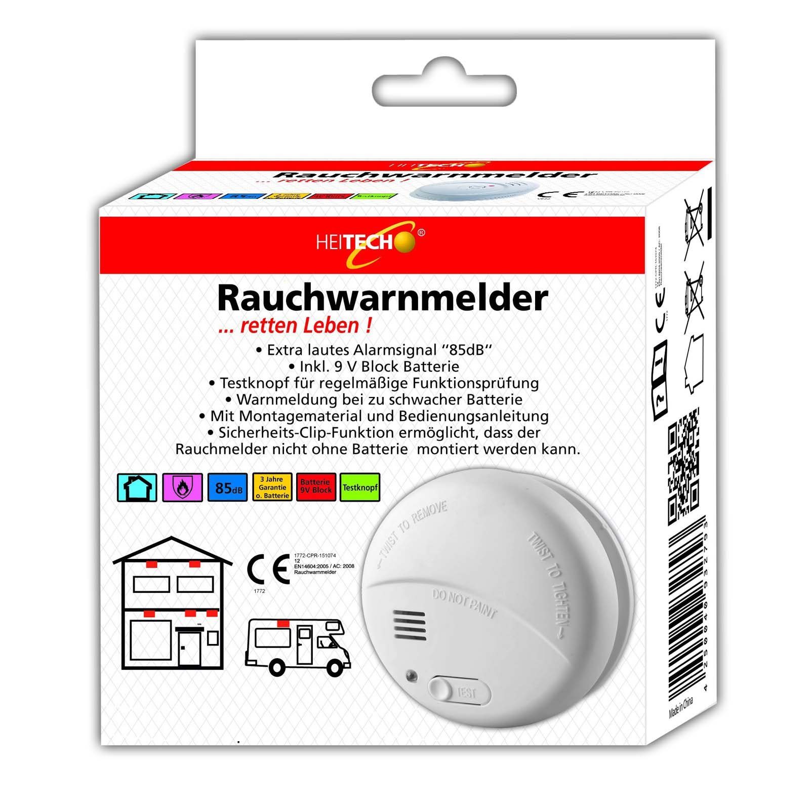 HEITECH 5x Rauchwarnmelder Feuermelder Brandmelder Magnetpad Rauchmelder (85dB Inkl. 9V Batterie + 3M Magnet Klebepad)