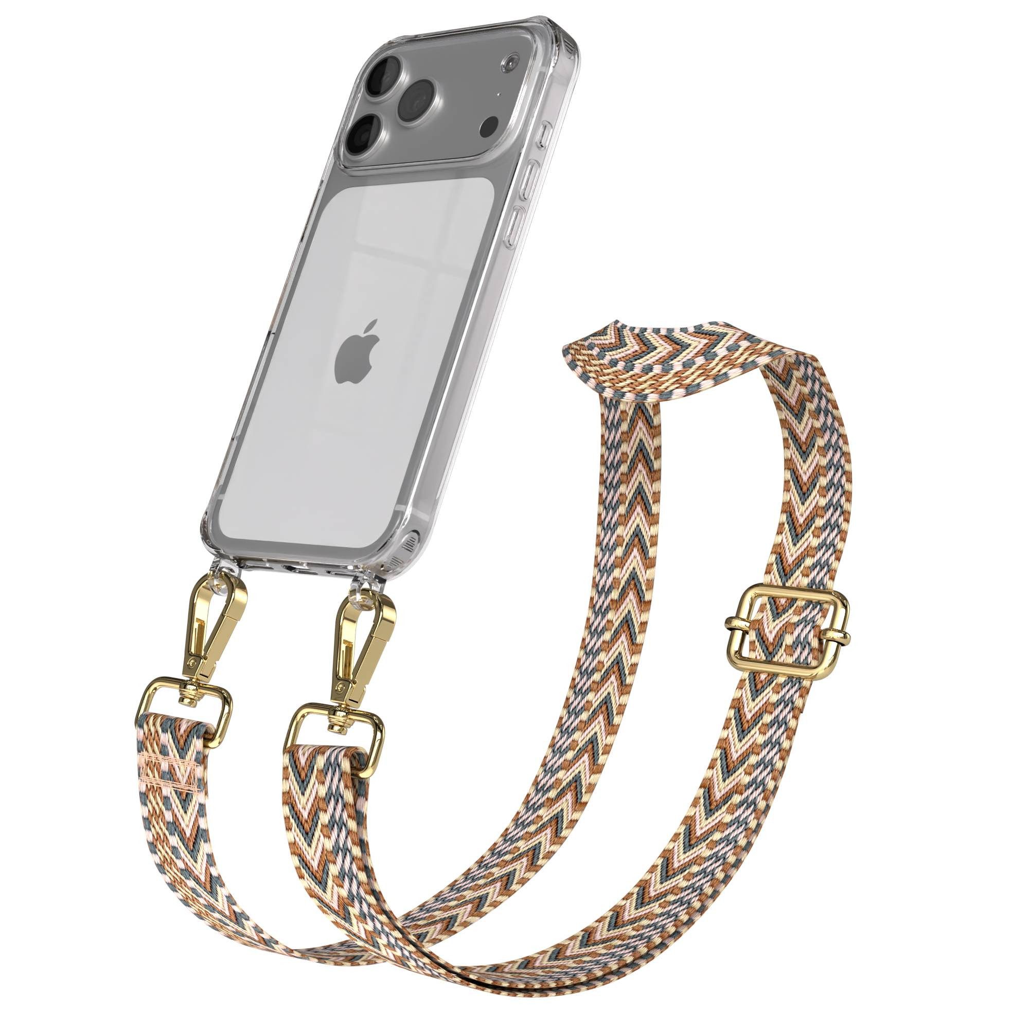 EAZY CASE Handykette Silikonhülle mit Kette für Apple iPhone 17 Pro Max 6,9 Zoll, Schulterriemen Taschenband Handyband Clear Hülle mit Band Braun Mix