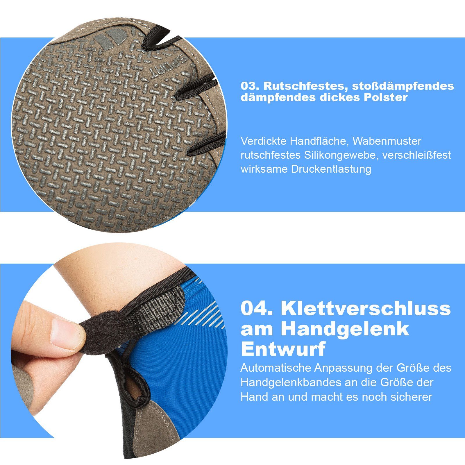 BTTO Hsch. Fahrradhandschuhe Fingerlose Handschuhe Eisseide, Silikon Rutschfeste Fahrradhandschuhe mit Klettverschluss für Motorrad Camping Wandern Bergsteigen