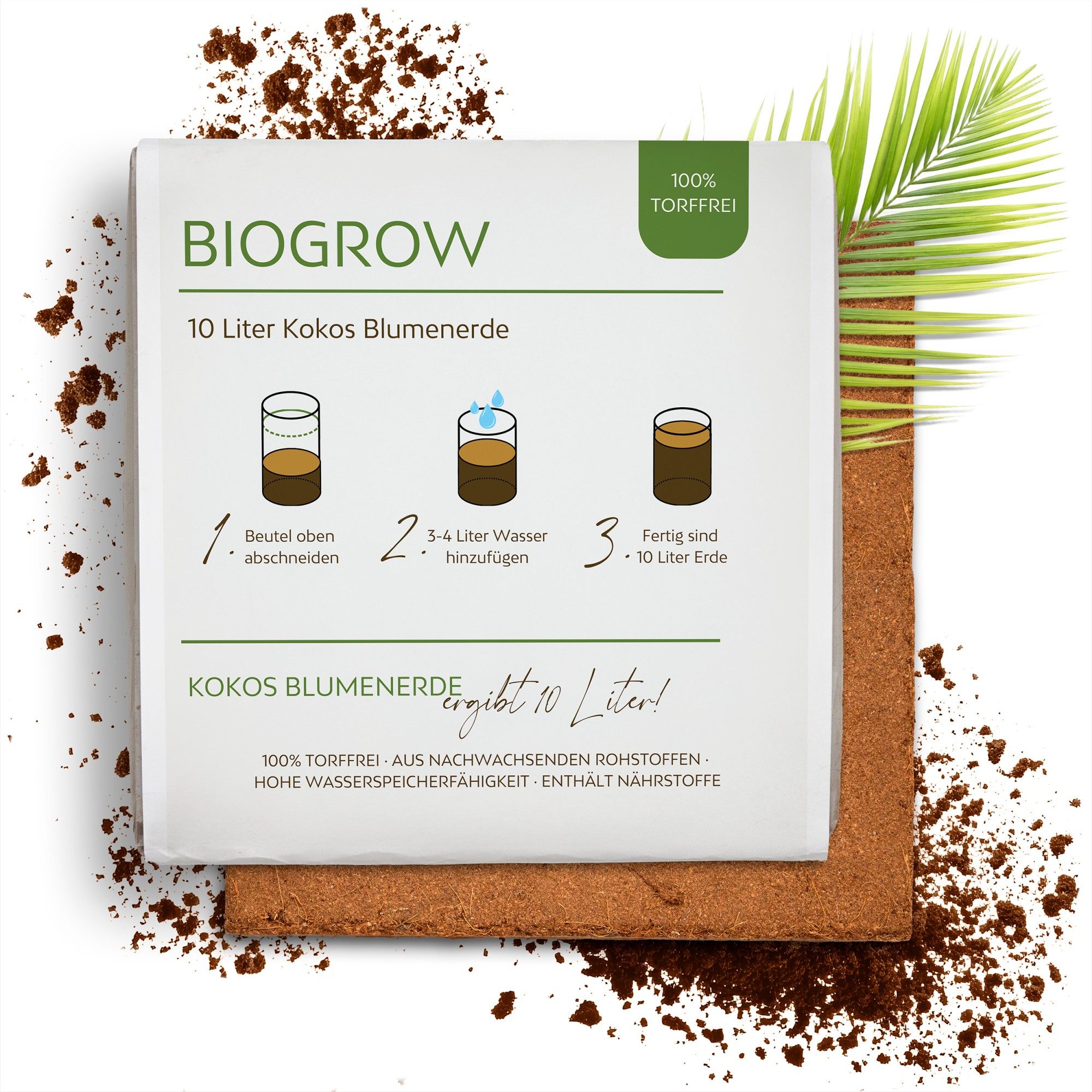 Growgreens Pflanzerde Bio Kokoserde gepresst im Quellbeutel - Biolog. torffreie Anzuchterde, Im Beutel