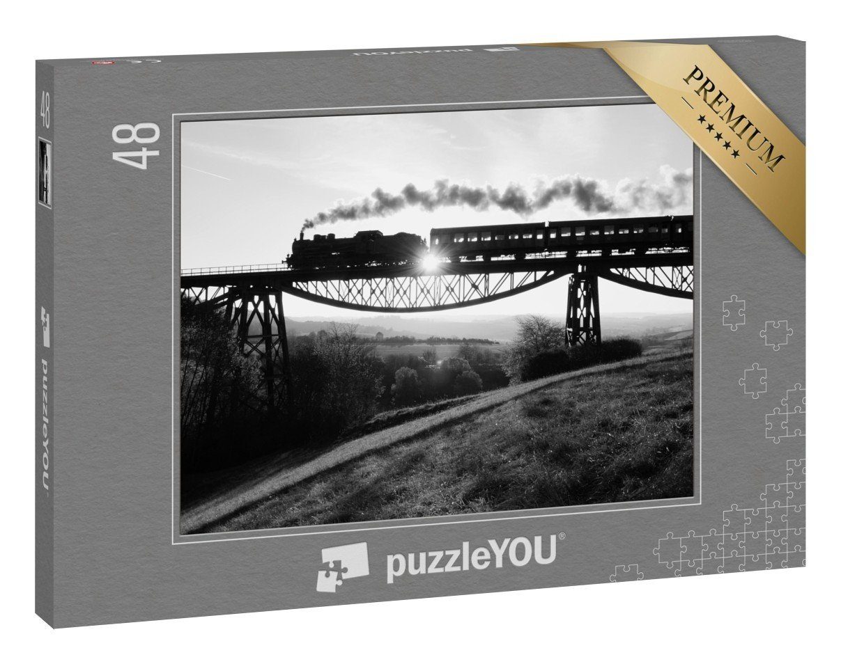 puzzleYOU Puzzle Dampfzug fährt über eine Brücke, schwarz-weiß, 48  Puzzleteile, puzzleYOU-Kollektionen Lokomotive