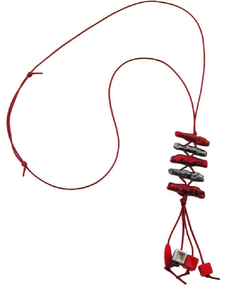 unbespielt Collier Kette Kunststoffperlen Koralle rot-marmoriert altsilberfarben 70 cm, Modeschmuck für Damen