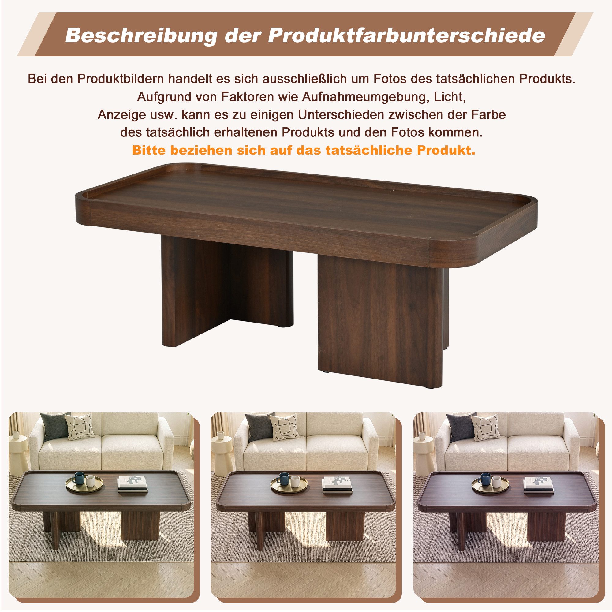 Celya Couchtisch Abgerundete Ecken Kaffeetische, Retro-Stil (100x50x35.5cm, aus MDF und Spanplatte, Sofatisch Beistelltisch)