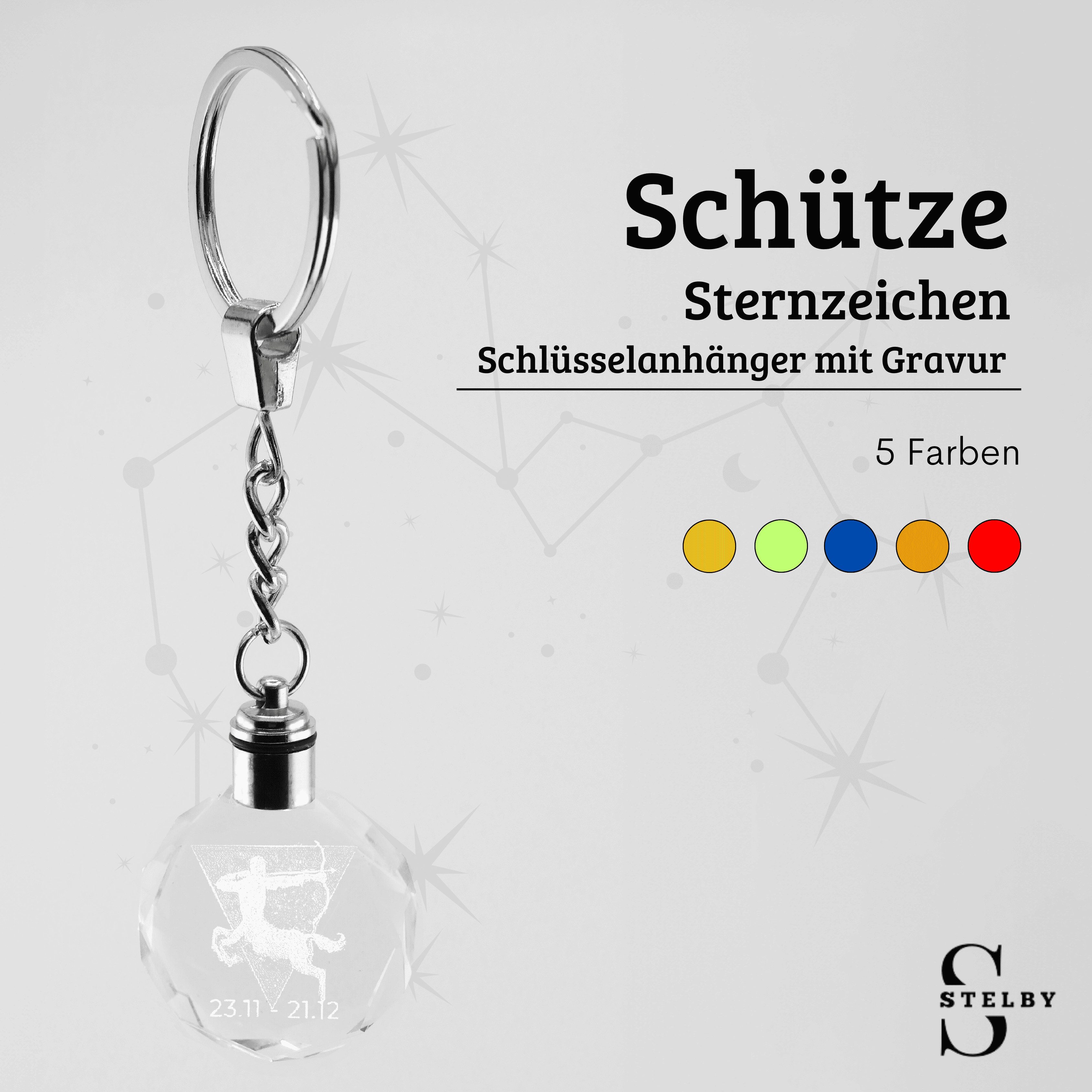 Stelby Schlüsselanhänger mit Gravur Schlüsselanhänger LED Sternzeichen aus Glas mit Farbwechsel (inkl. Geschenkbox), Farbwechsel, transparent, modernes Design – Bild 3 von 5