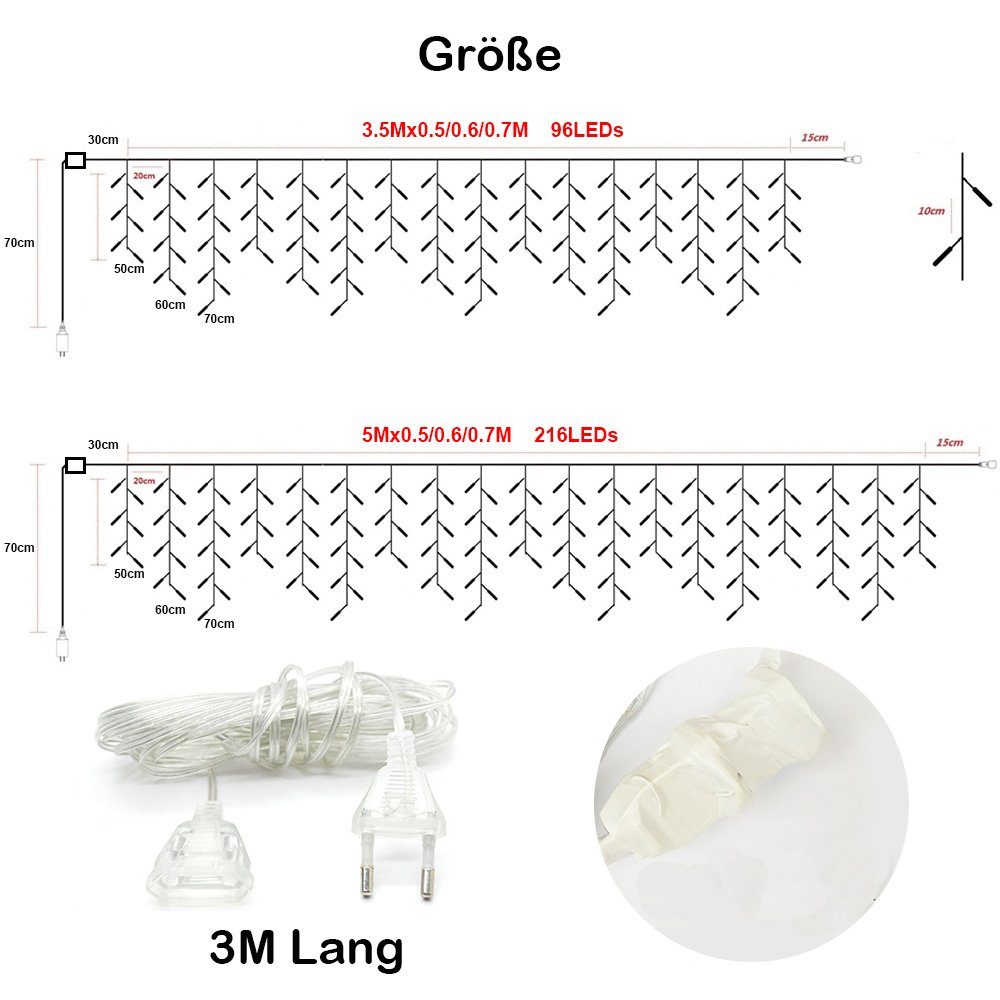 LED-Vorhang-Lichterkette Blau,Warmweiß,Mehrfarbig,Länge MUPOO Lichtervorhang 3.5/5M, LED LED-Lichterkette Modi Sterne,IP44, 96/216LED 8 Lichterkette