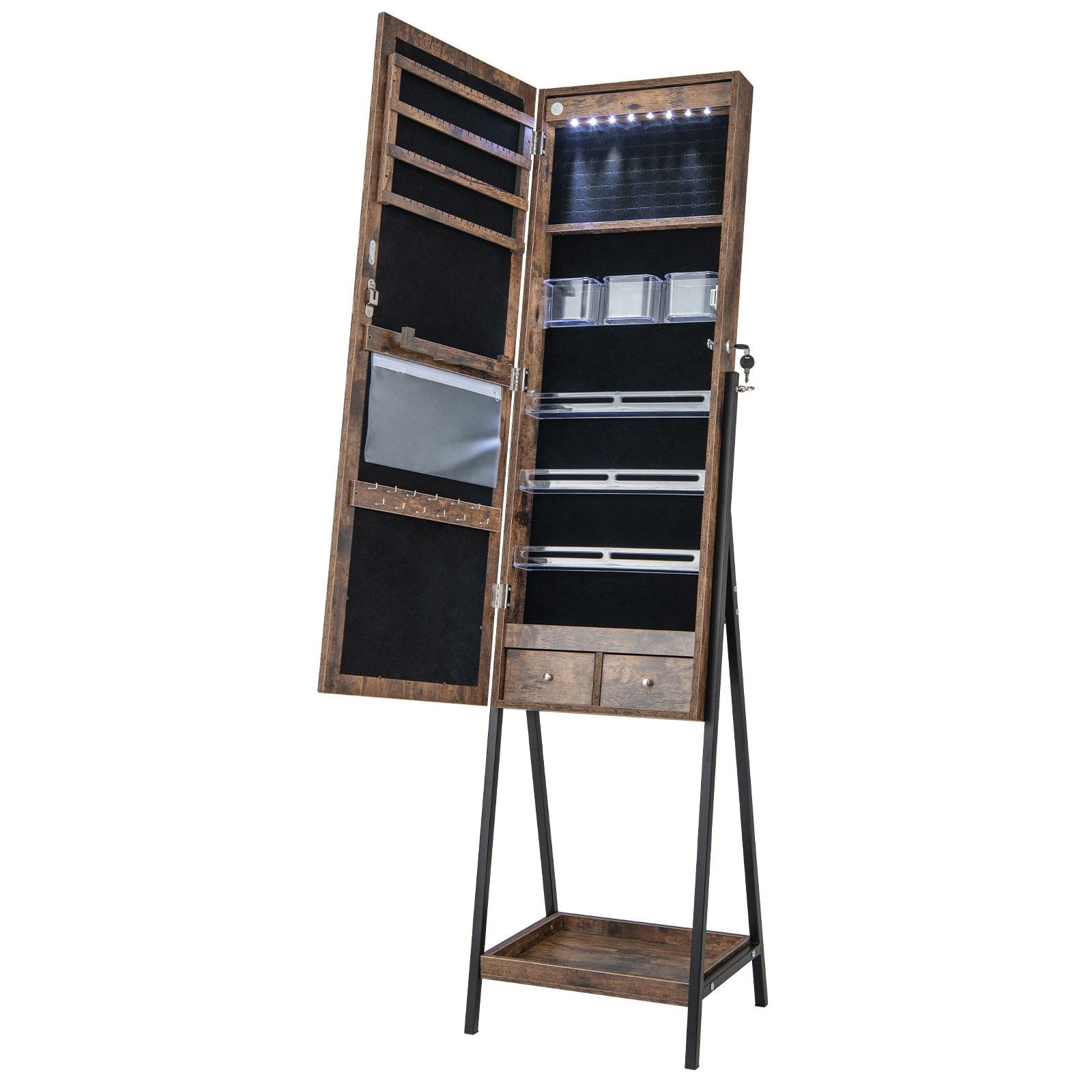 COSTWAY Schmuckschrank Standspeigel mit LED, Ablage & Schublade abschließbar
