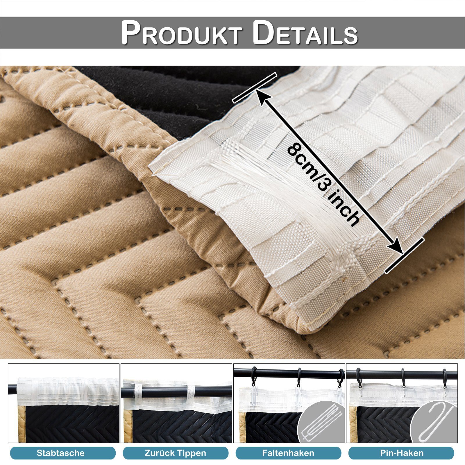 Sunicol Gardine 100% Blickdich Thermo Verdunkelungsvorhang mit Kräuselband (2 St), Winter Wärmeisolierend Türvorhang für Schlafzimmer Wohnzimmer – Bild 4 von 5