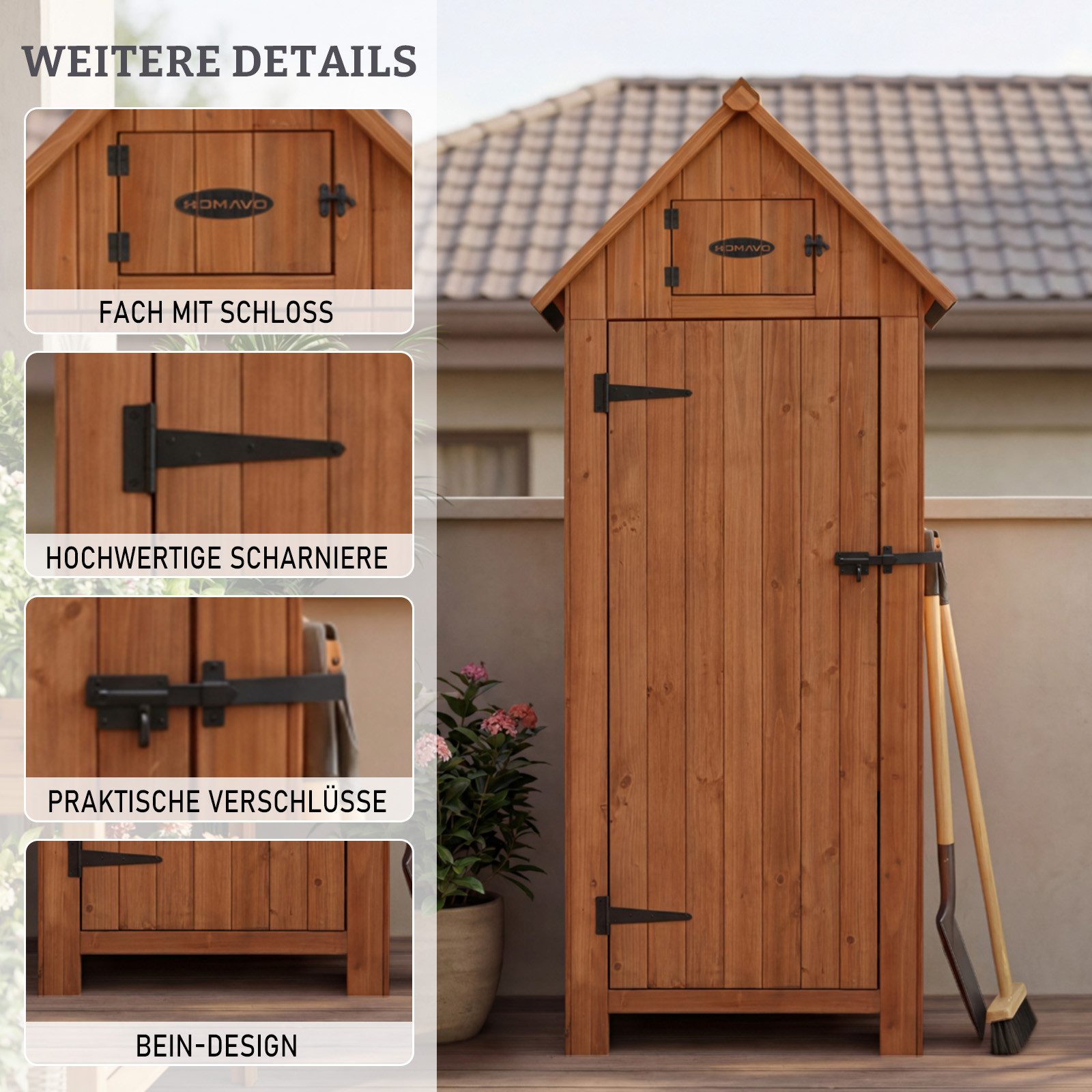 HOMAVO Gerätehaus Gartenschrank Werkzeugschrank Geräteschuppen Holzhäuschen, Outdoor-Schrank, Satteldach, mit 3 Einlegeböden, 77*54.3*179 cm