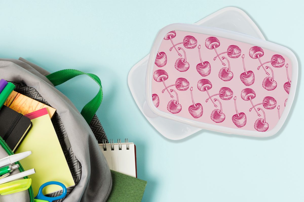 MuchoWow Lunchbox Muster Kirschen - Kinder Rosa, - Jungs - Kunststoff, Erwachsene, weiß Mädchen Brotdose, Vintage für und für Brotbox (2-tlg), und