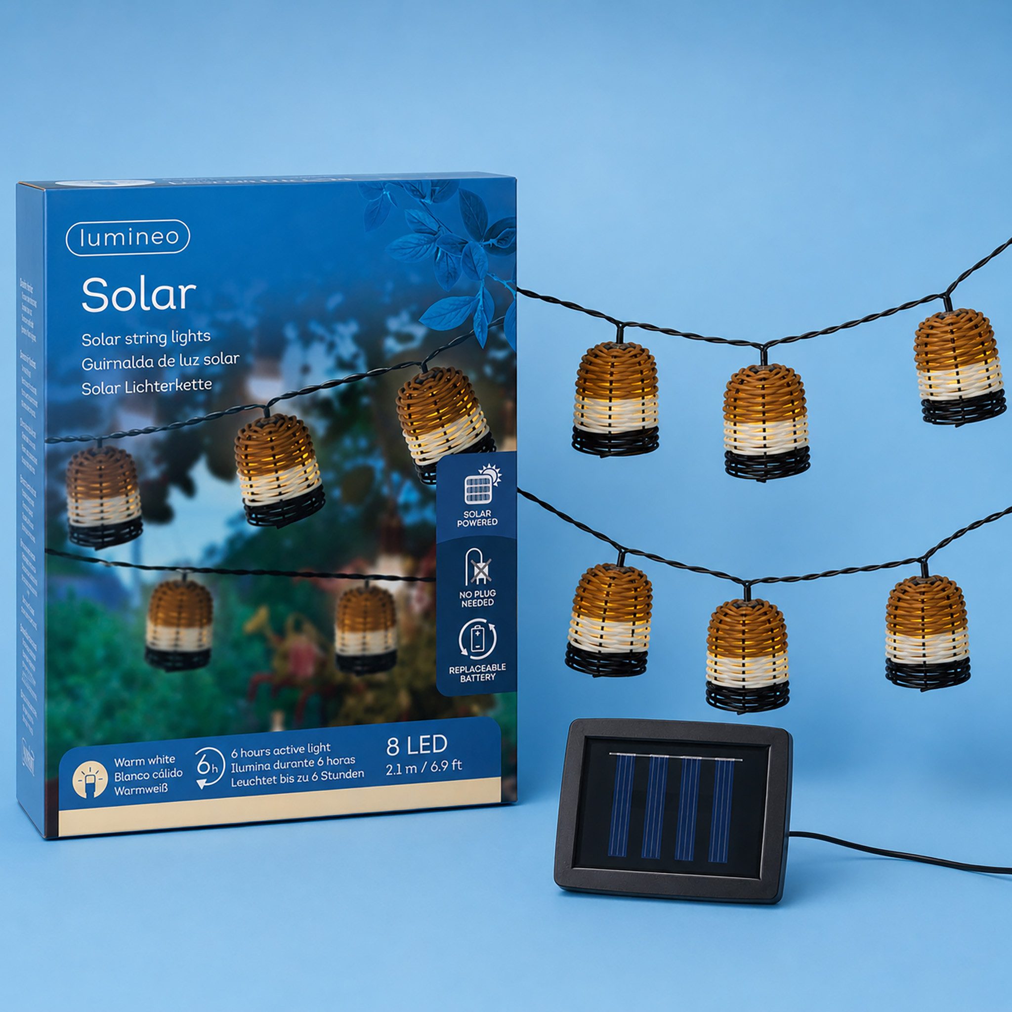 Lumineo LED-Lichterkette, Solar LED Lichterkette 2,1m Kunststoff in Rattan-Optik Warmweiß