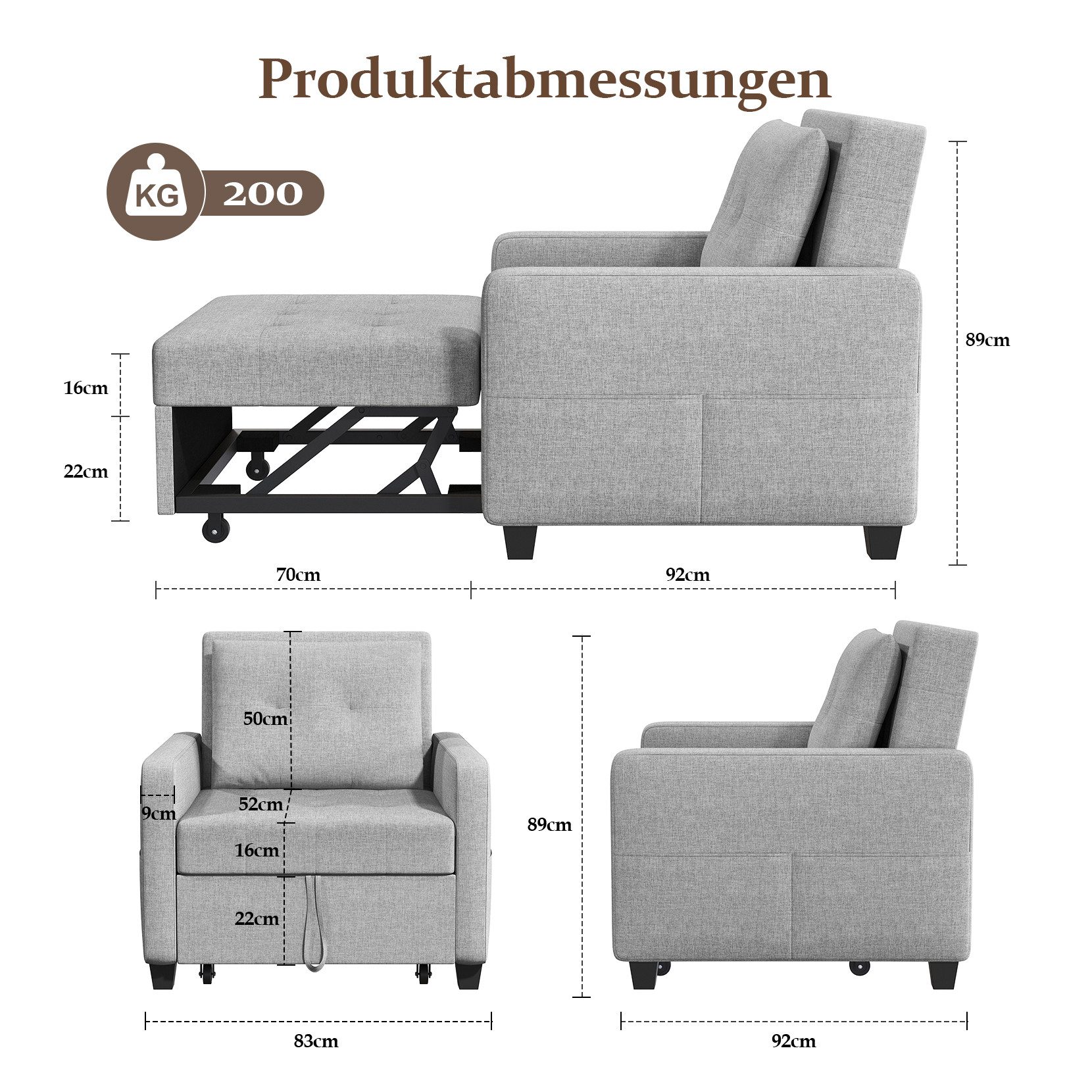 OUNUO Sofa Schlafsofa Klein 3 in 1, Klappsofa & Schlafhocker mit Bettfunktion