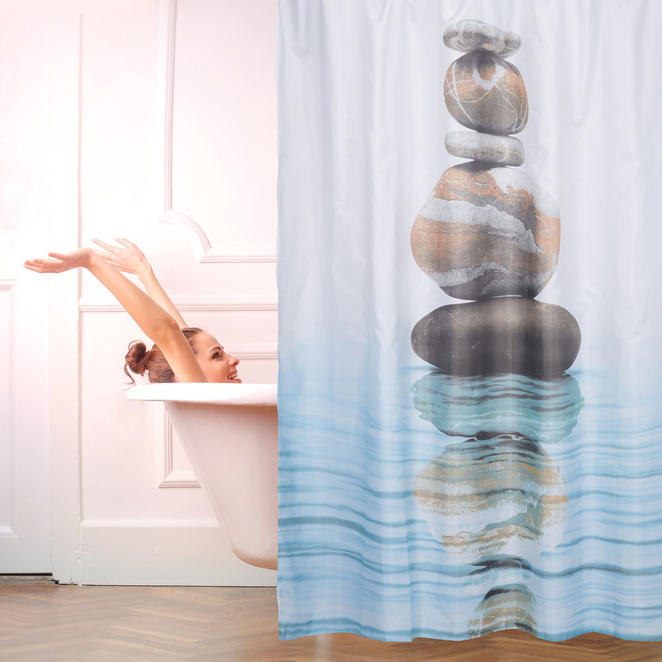 relaxdays Duschvorhang Steine auf Wasser 180x180cm günstig online kaufen