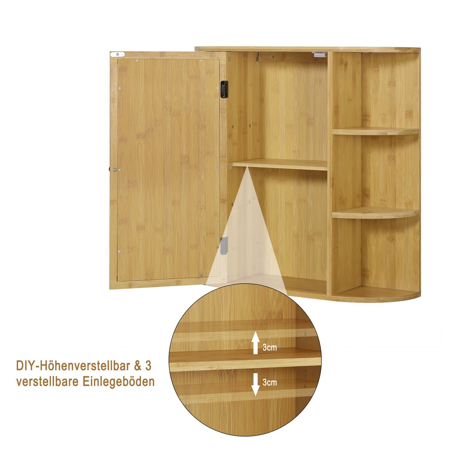 EUGAD Spiegelschrank Bambus, mit verstellbaren Ablagen, 60x58x16 cm