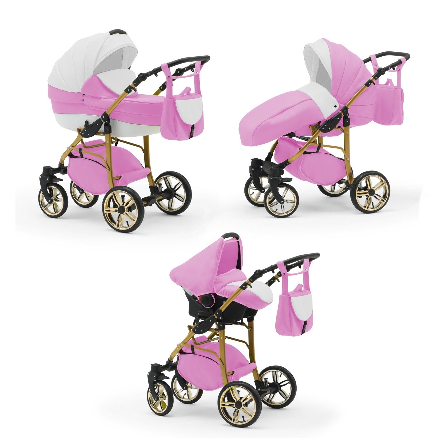 babies-on-wheels Kombi-Kinderwagen 3 in 1 Kinderwagen-Set Cosmo Gold- 16 Teile - in 46 Farben Pink-Weiß-Weiß