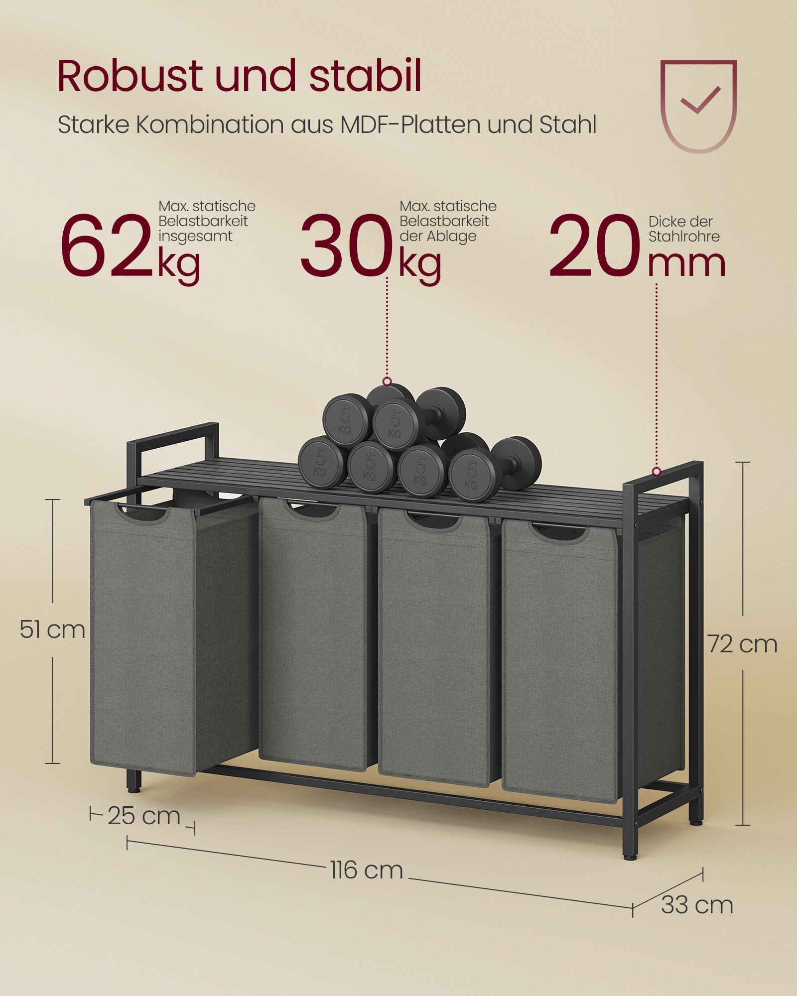 VASAGLE Wäschekorb Wäschesammler mit Ablage, Wäschesack aus Oxford-Gewebe abnehmbar, Wäschebox, Metallrahmen, 4 Fächer, 4 x 40 L, 116 x 33 x 72 cm – Bild 5 von 5