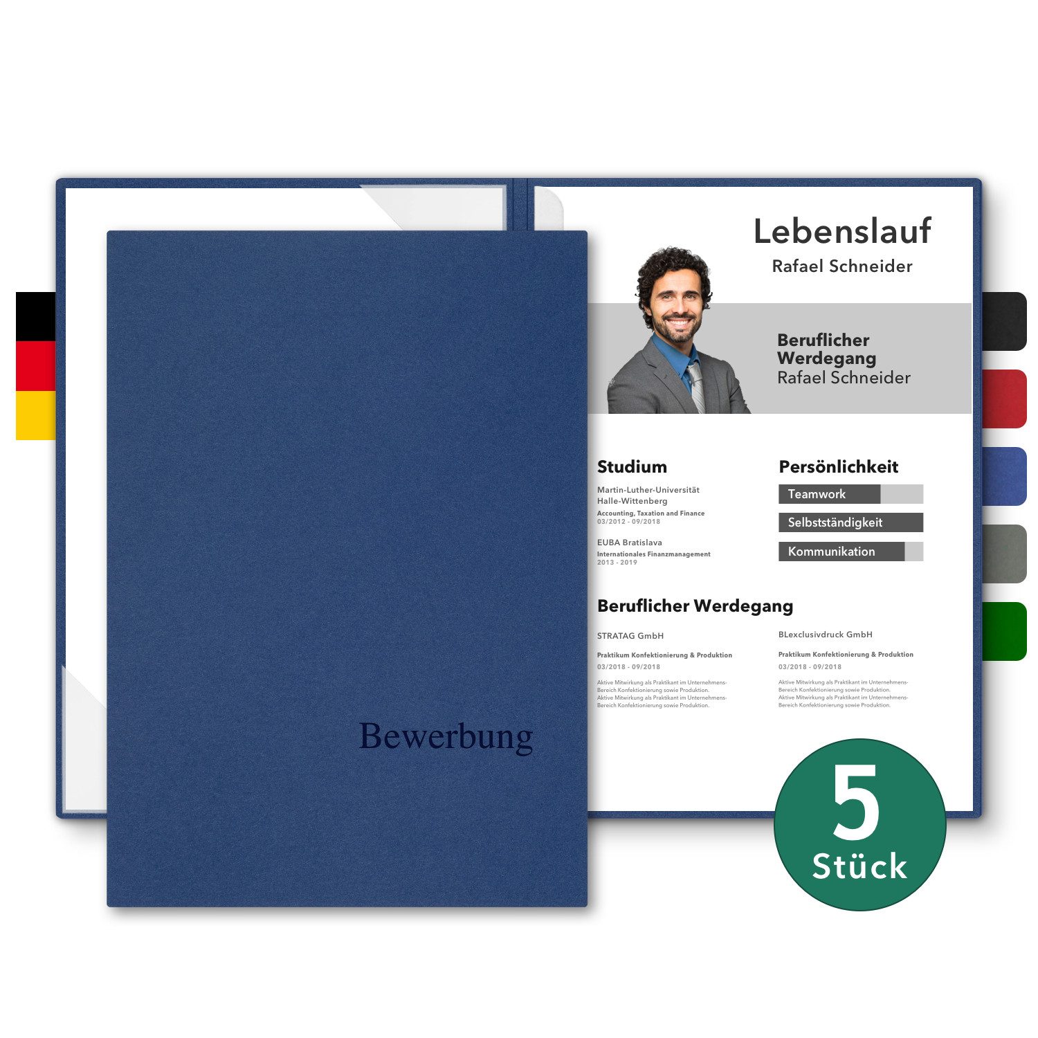 STRATAG Bewerbungsmappe SELECT BL-plus - 5 Stück 2-teilig mit 1 Klemmschiene (Set, 5-St., Naturkarton - Premium-Qualität mit hochwertiger Prägung Bewerbung), direkt vom Hersteller STRATAG - handgefertigt in Deutschland