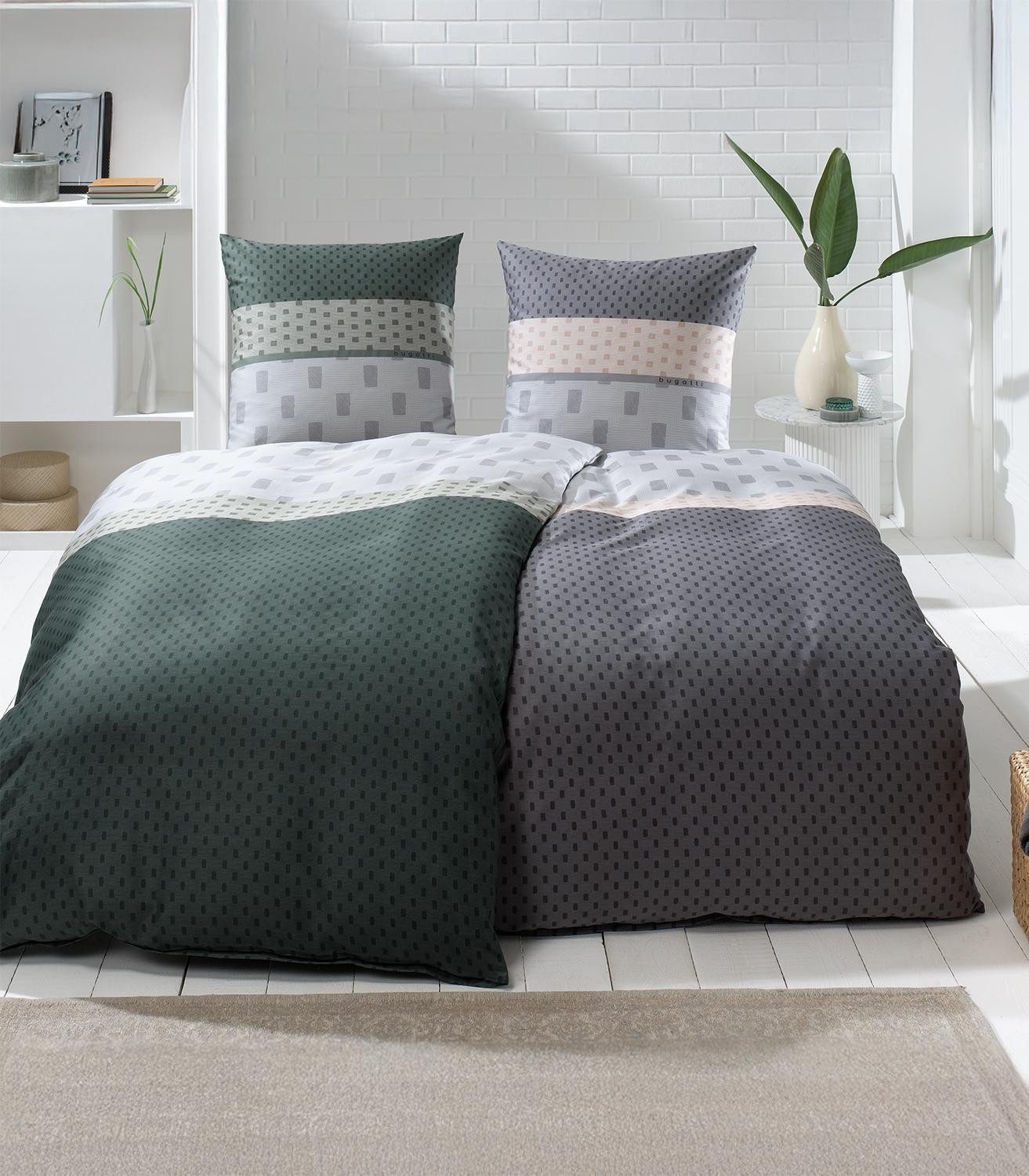bugatti Bettwäsche KOSIE, L 155 x B 220 cm, Grau, Beige, Satin, 1 teilig, 100% Baumwolle