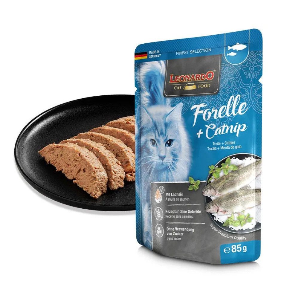 Leonardo Catfood Forelle & Catnip - getreidefreies Nassfutter reich an Omega-3 16x85g, Nassfutter für: Katzen