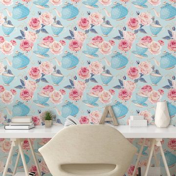 Abakuhaus Vinyltapete selbstklebendes Wohnzimmer Küchenakzent, Jahrgang Blumen-Rosen-Teekanne