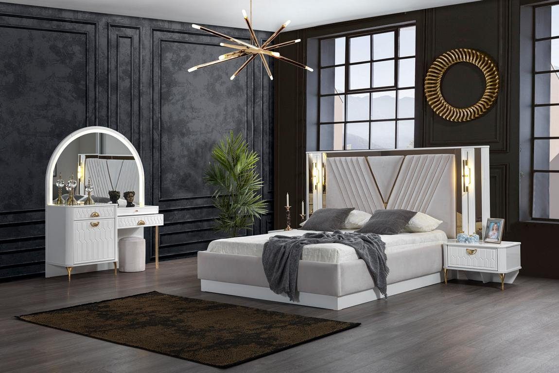 JVmoebel Bett Bett 2X Nachttisch Modern neu weiß Doppel (3-tlg) Luxus Schlafzimmer Design
