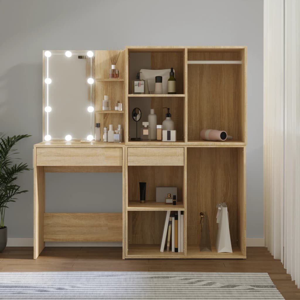 Schränken Sonoma-Eiche vidaXL LED-Schminktisch 2 mit Holzwerkstoff Schminktisch