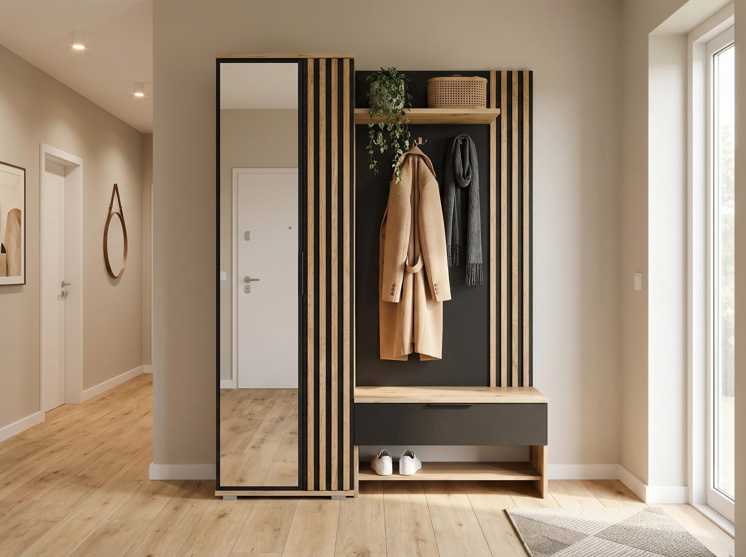 COMBO Kompaktgarderobe 140cm Garderobe Flur Sitzbank Schublade Haken Lamellen modern (Schrankmodul Kleiderstange 2 Regalböden 4 Haken) Komplett Flurgarderobe Si – Bild 2 von 4