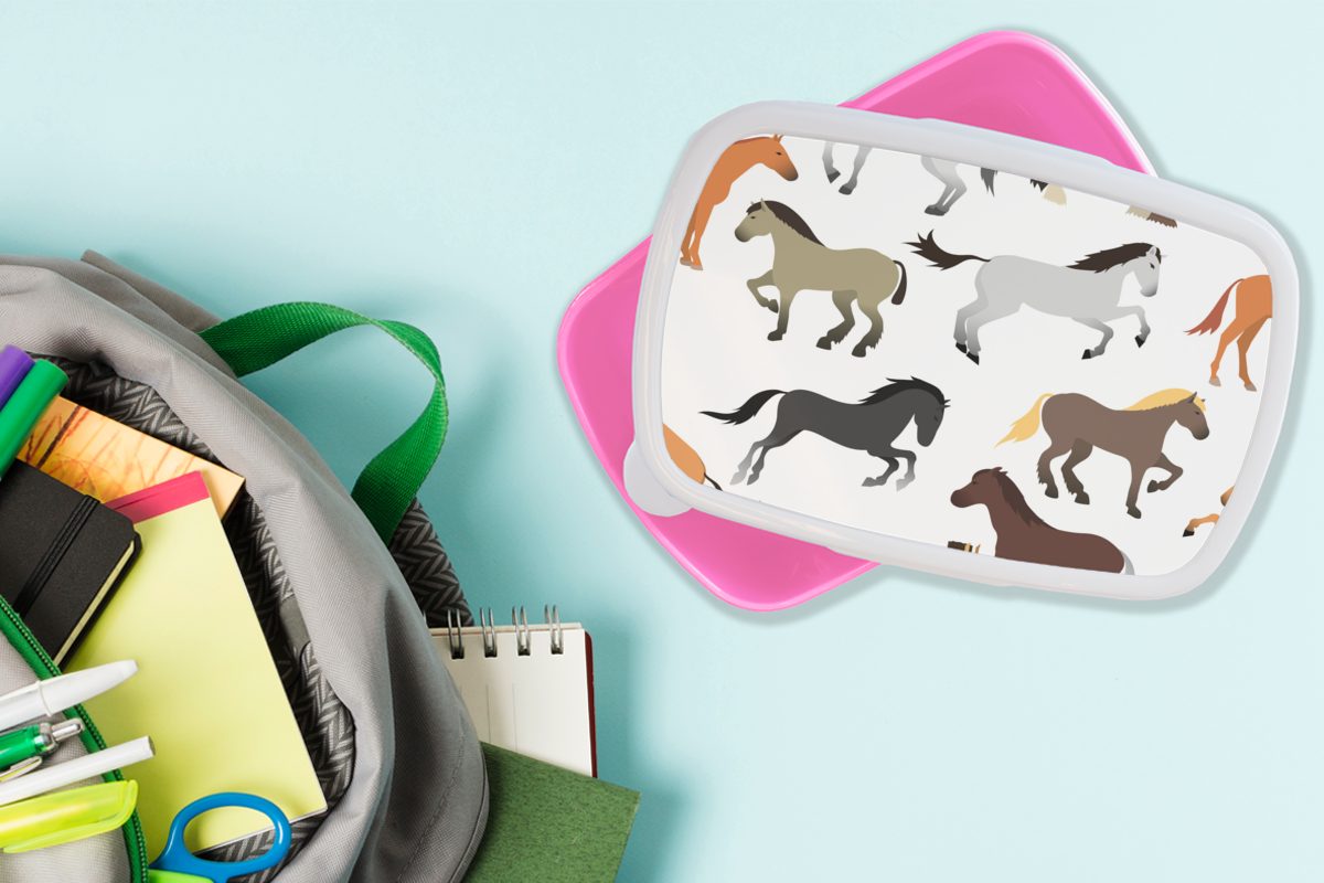 Snackbox, Mädchen, für - Lunchbox Mädchen (2-tlg), MuchoWow - Kunststoff Kinder, Erwachsene, Kinder rosa Farben Pferde Mädchen, - Muster - Kunststoff, Brotbox Brotdose -