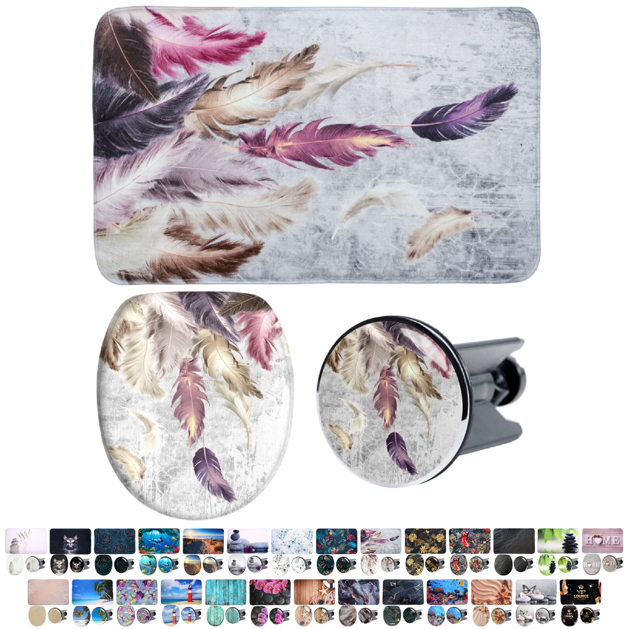 Sanilo Badaccessoire-Set 3-teilig mit Motiv, viele schöne Sets zur Auswahl, WC-Sitz mit Absenkautomatik, Badteppich 70 x 110 cm, Waschbeckenstöpsel, 3 tlg., 3-teilig, hochwertig & modern, universell, leichte Montage