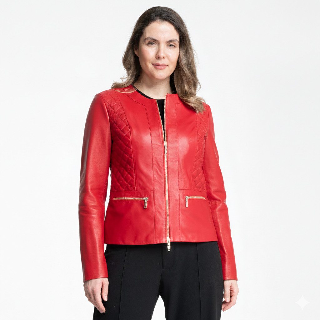 Mouflon Lederjacke Mila Aus feinem Echtleder 2-Wege-Zipper Rautenmuster runder Ausschnitt