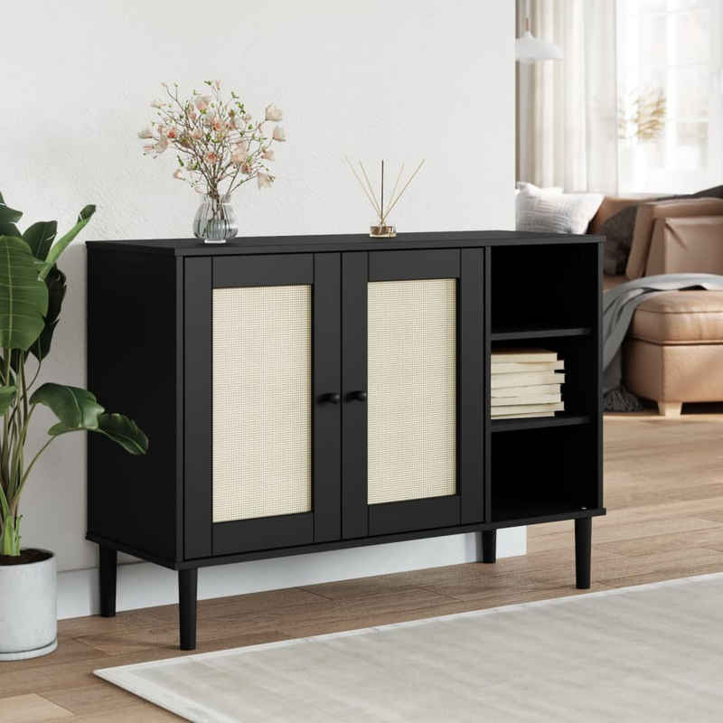 vidaXL Sideboard Sideboard SENJA Rattan-Optik Schwarz 112x40x80 cm Kiefernholz (1 St)