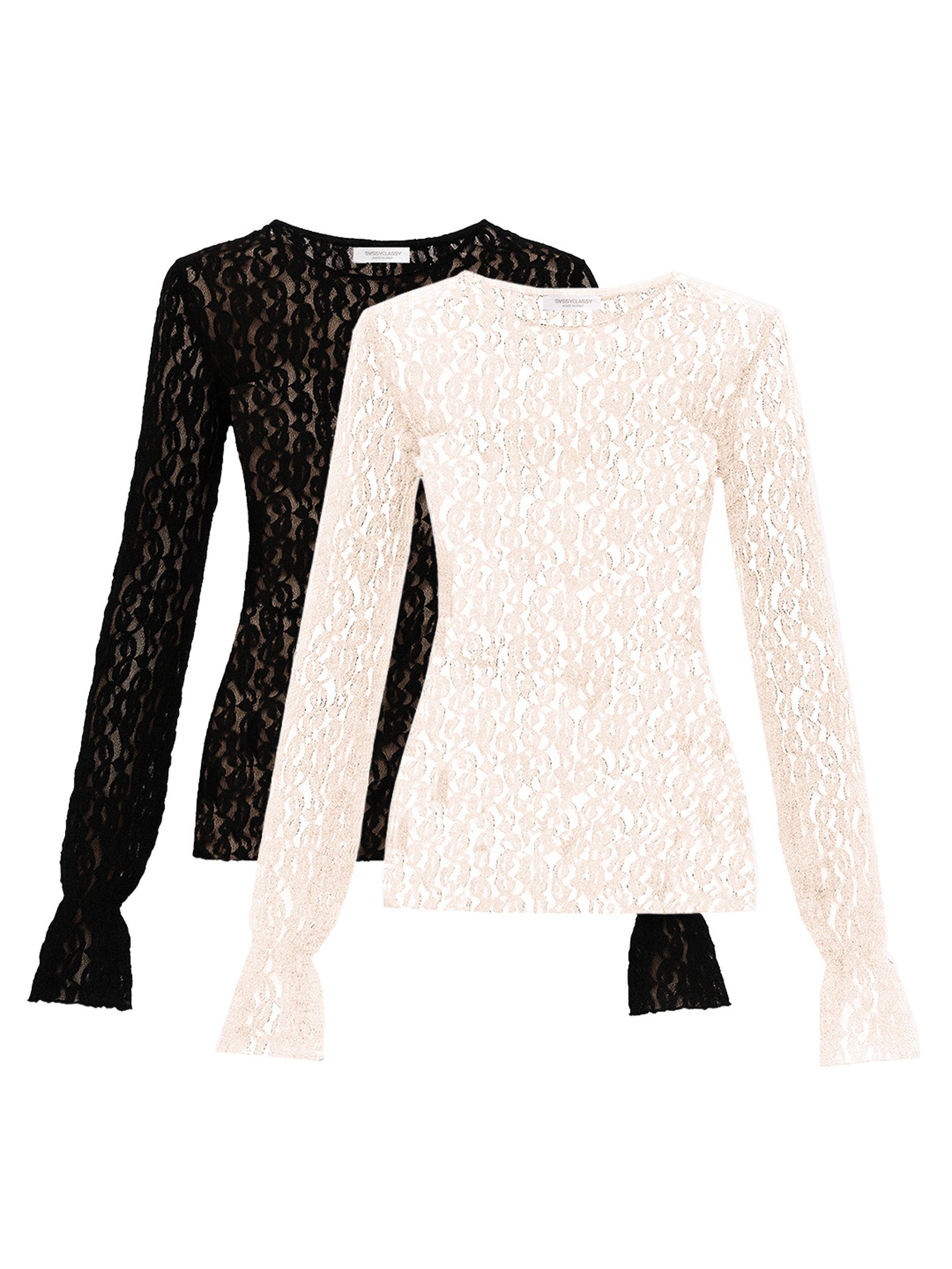 SASSYCLASSY Langarmshirt Spitzenshirt mit Volantsärmel Set für Damen Figurbetonte Shirts in floralem Muster mit Rundhals Schwarz-Creme