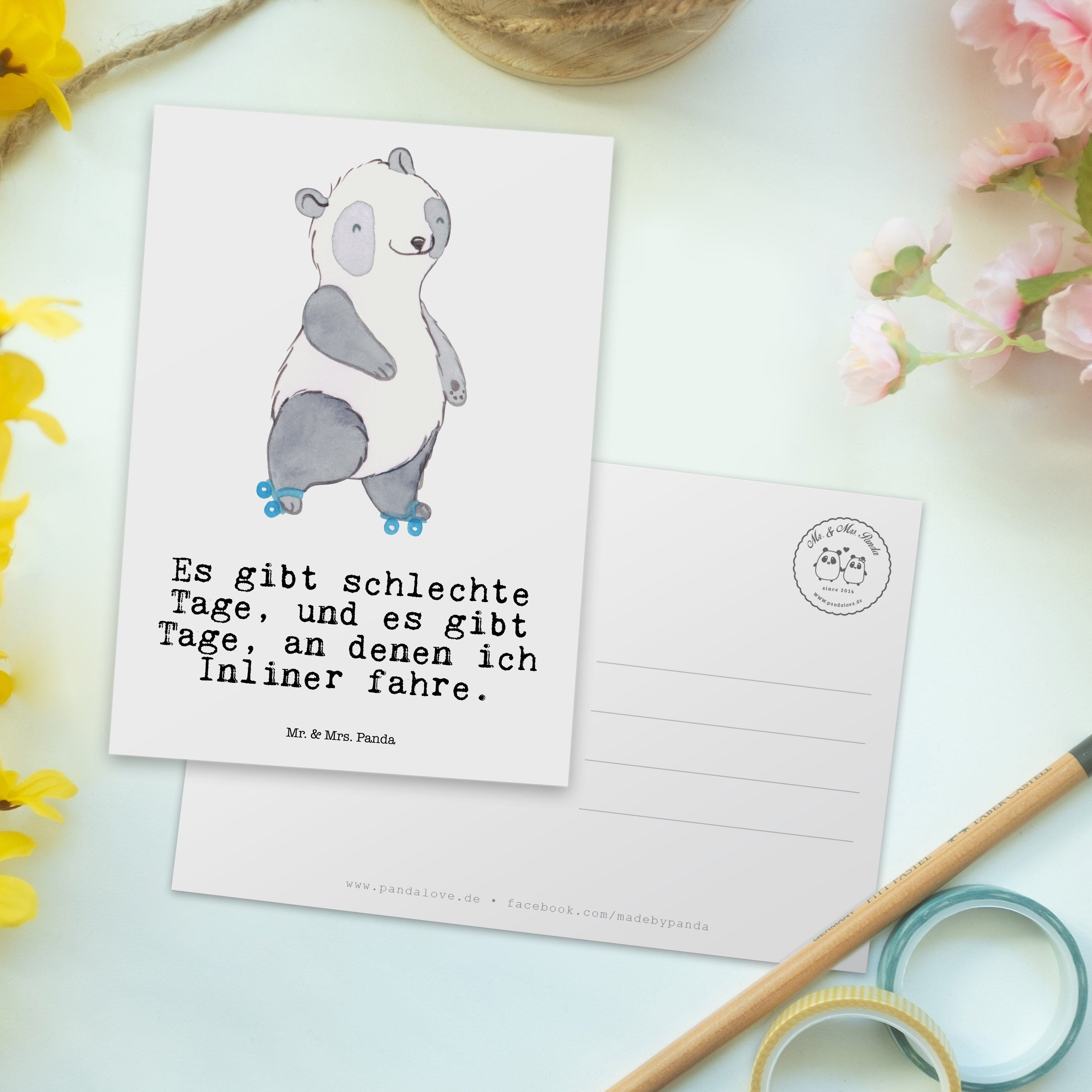 Postkarte - Rollerblades, Panda Mr. - Panda Schenken Inliner Mrs. Tage fahren Weiß Geschenk, &