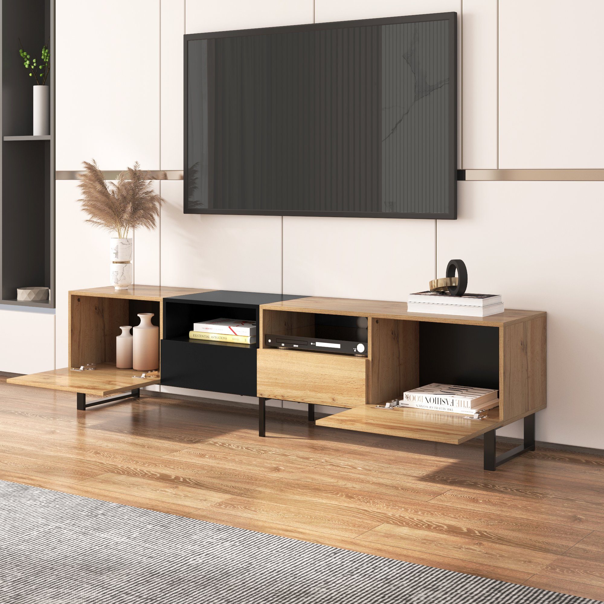 Ulife Lowboard TV-Schrank Moderner TV-Ständer mit schwarzem und holzfarbenem Design, eräumiger Stauraum, robuste Konstruktion