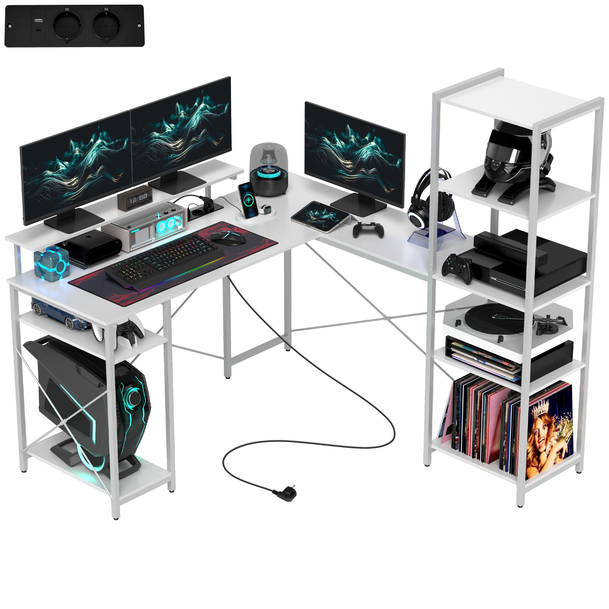 HOMCOM Computertisch L-förmig, 137 x 140 x 139,5 cm, mit 6 Ablagen, Monitor günstig online kaufen