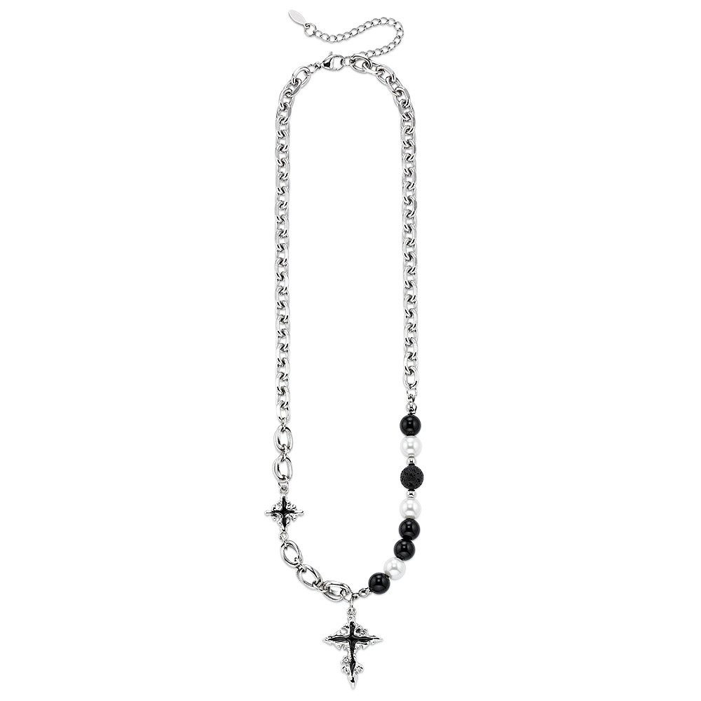 Bruno Banani Kette mit Anhänger Schmuck Geschenk Edelstahlkette mit Kreuz schwarz emalliert, mit Lavastein - mit Perle (imitiert)