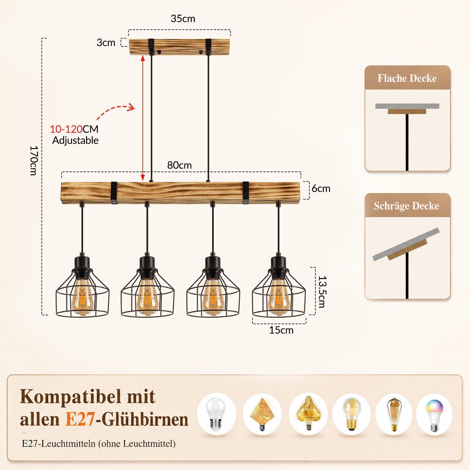 Nettlife Pendelleuchte Esstisch 3/4flammig Holz Schwarz Retro Industrial Hängelampe E27, ohne Leuchtmittel, Höhenverstellbar für Esszimmer Küche Wohnzimmer Bar – Bild 3 von 5
