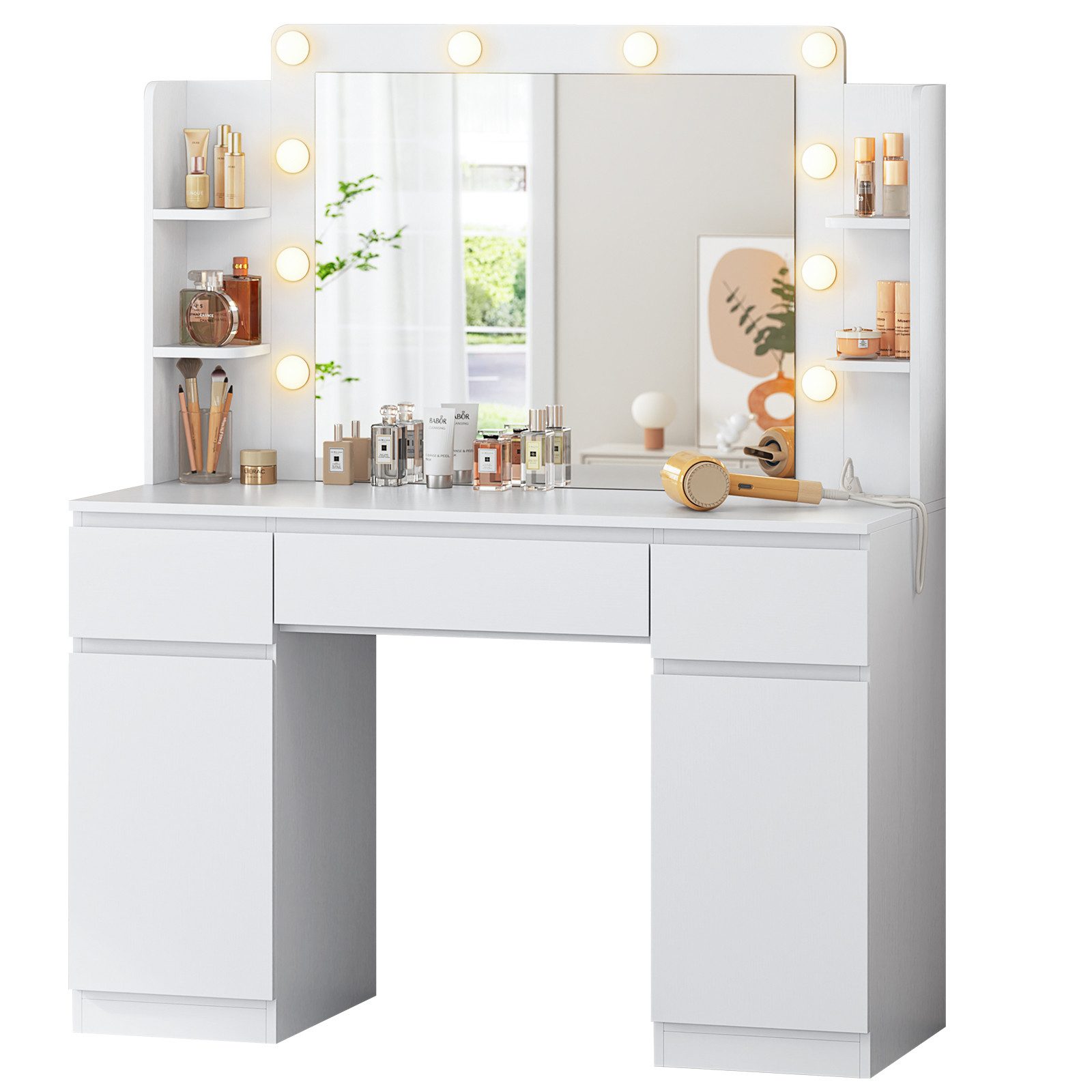 MSMASK Schminktisch mit LED-Beleuchtung, 3 Schubladen, Steckdosen & dimmbar günstig online kaufen