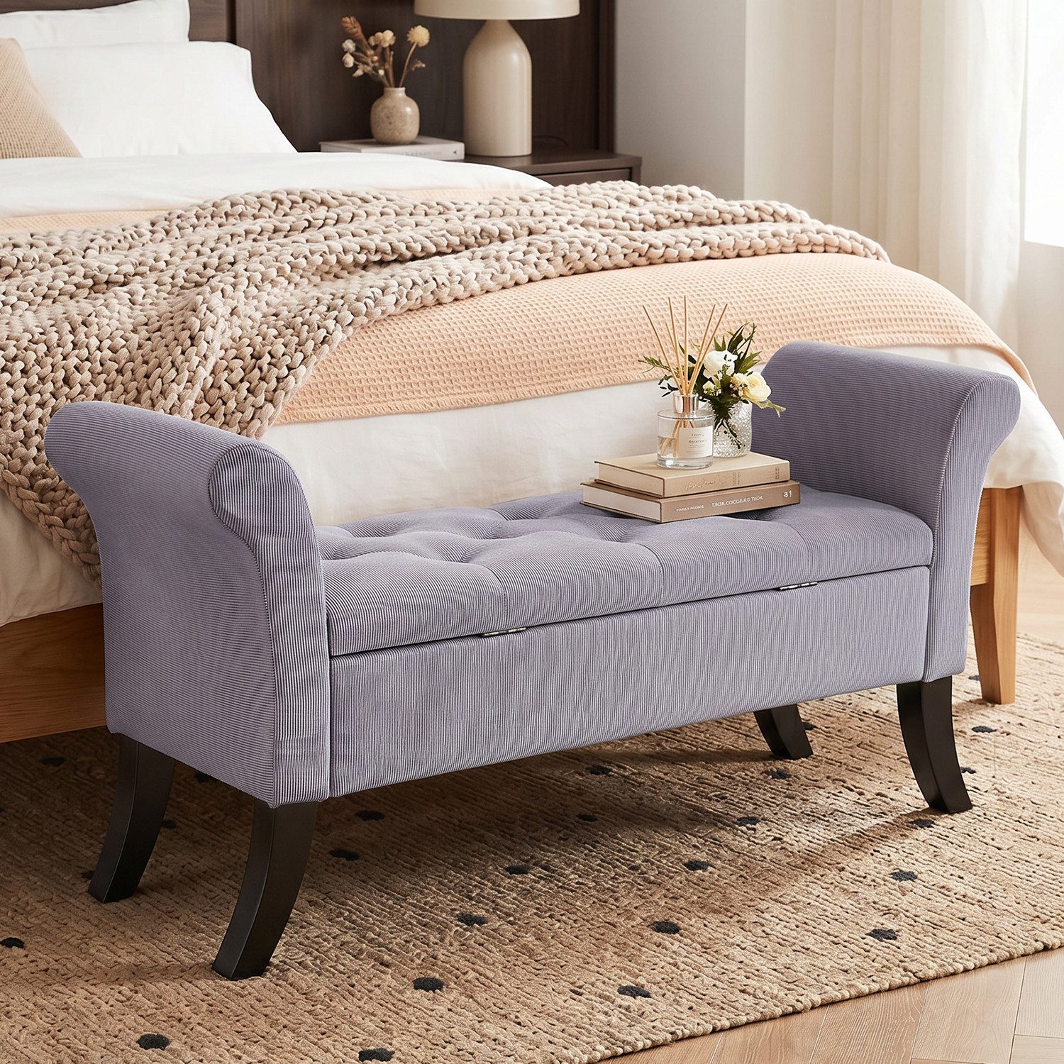 oyajia Bettbank Polsterbank mit Stauraum und Deckel auch als Garderobenbank geeignet (Sitzhocker mit Stauraum,Fußstütze mit stabilen Holzbeinen, Bis 168kg), Sofabank fur Flur, Esszimmer, Schlafzimmer, Wohnzimmer