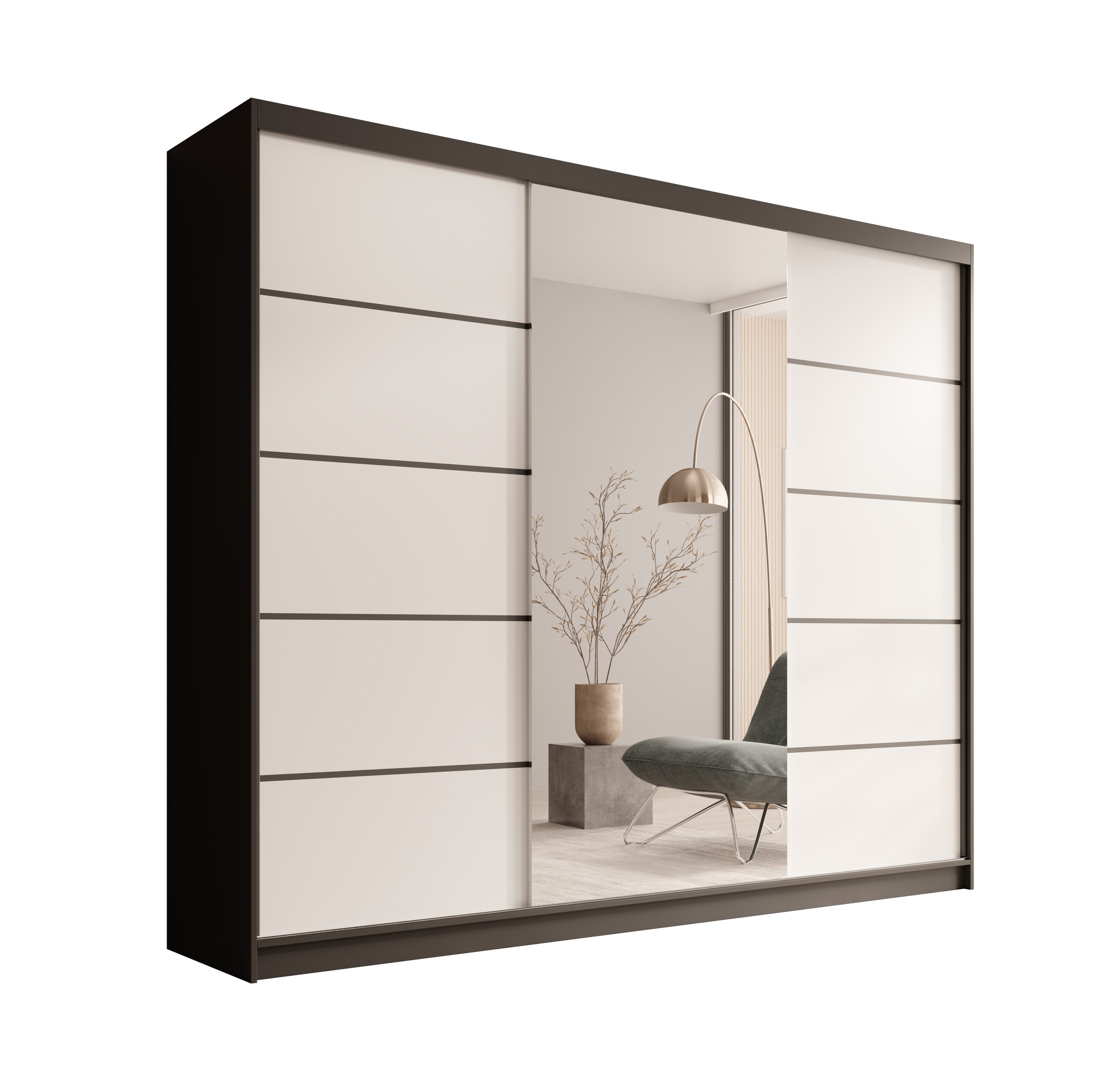 MOEBLO Schiebetürenschrank Tivora 250 (Moderner, platzsparender Kleiderschrank mit Spiegel für Schlafzimmer und Ankleidezimmer, 3 Schiebetüren, 11 Einlegeböden, stabile Kleiderstange, Wohnzimmerschrank mit Spiegel, Schwebetürenschrank Schrank Garderobe Schiebtüren Schlafzimmer) (BxHxT): 250x215x58 cm