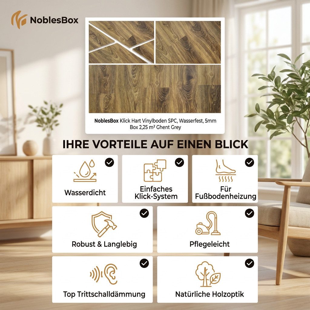 NoblesBox Designboden Klick Vinylboden SPC - Hartvinyl - 4+1mm Wasserfest - 1 mm Isolierung, Für Fußbodenheizung, Hochabriebfest & Klicksystem – Bild 5 von 5