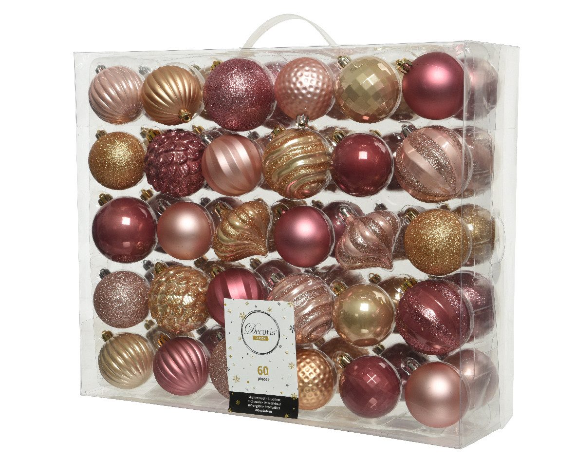 Kaemingk Weihnachtsbaumkugel, Weihnachtskugeln Kunststoff 6-7cm Ornamente 60er Set - Rosa Beige