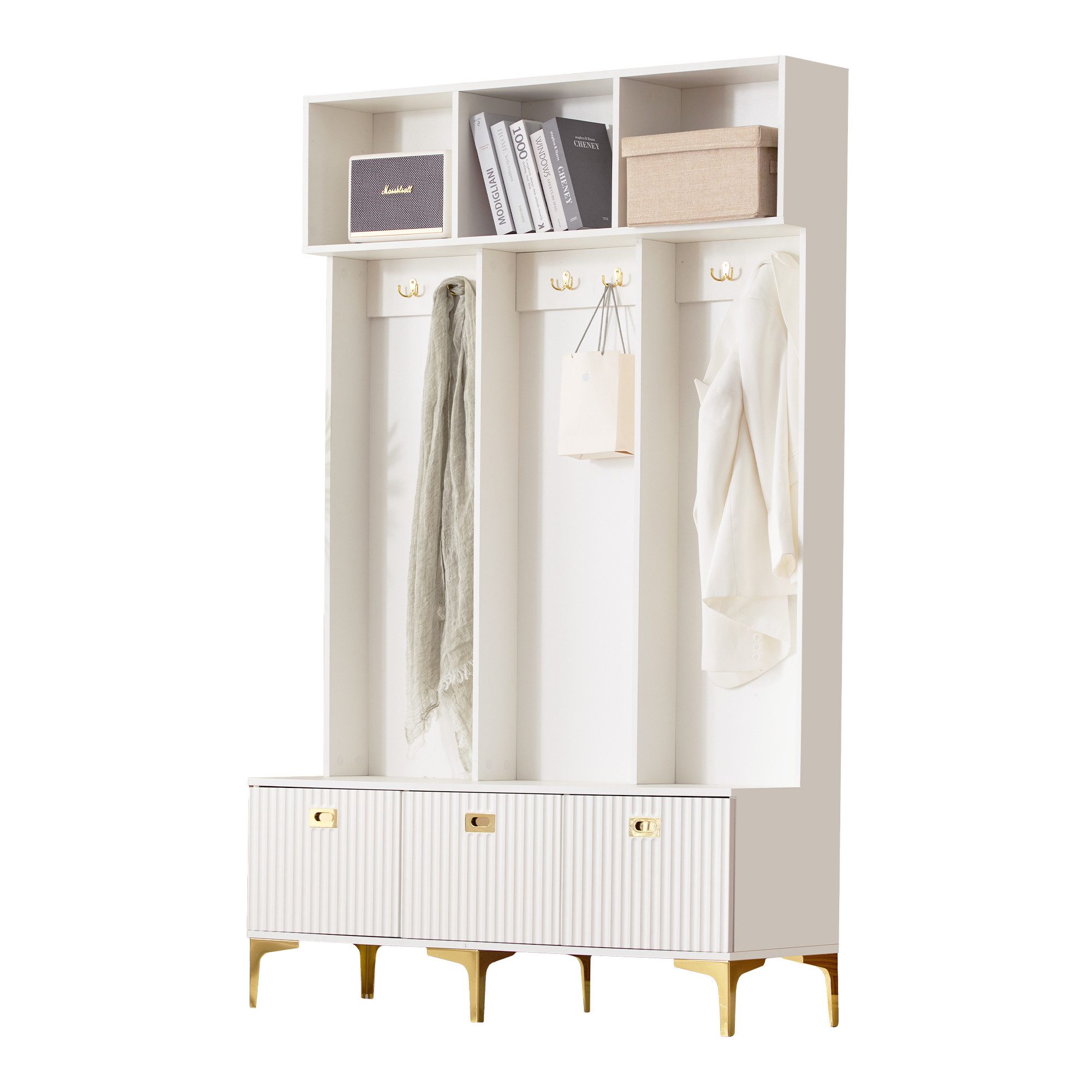 BlingBin Garderoben-Set Wandgarderobe, Flurgarderobe Set mit offene Aufbewahrung, (1er Set, 1-St., 6 goldene Haken und Füße, B120/D23.5/H191.5CM), multifunktionale Aufbewahrungsbank, für Flur, Wohnzimmer, weiß