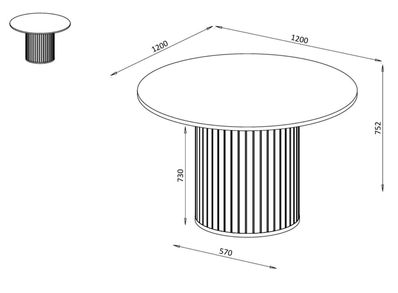 Compleo Esstisch Ø: 120 cm. MODERNO Säulengestell mit Rillenstruktur, Gestell in Lamellenoptik