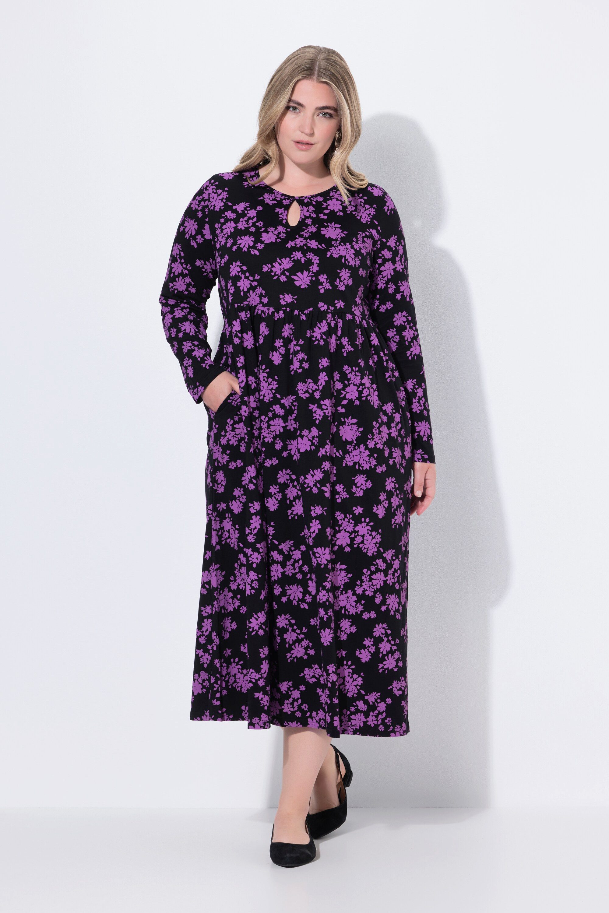 Maxikleid Maxikleid Blüten A-Linie Rundhals Langarm Taschen