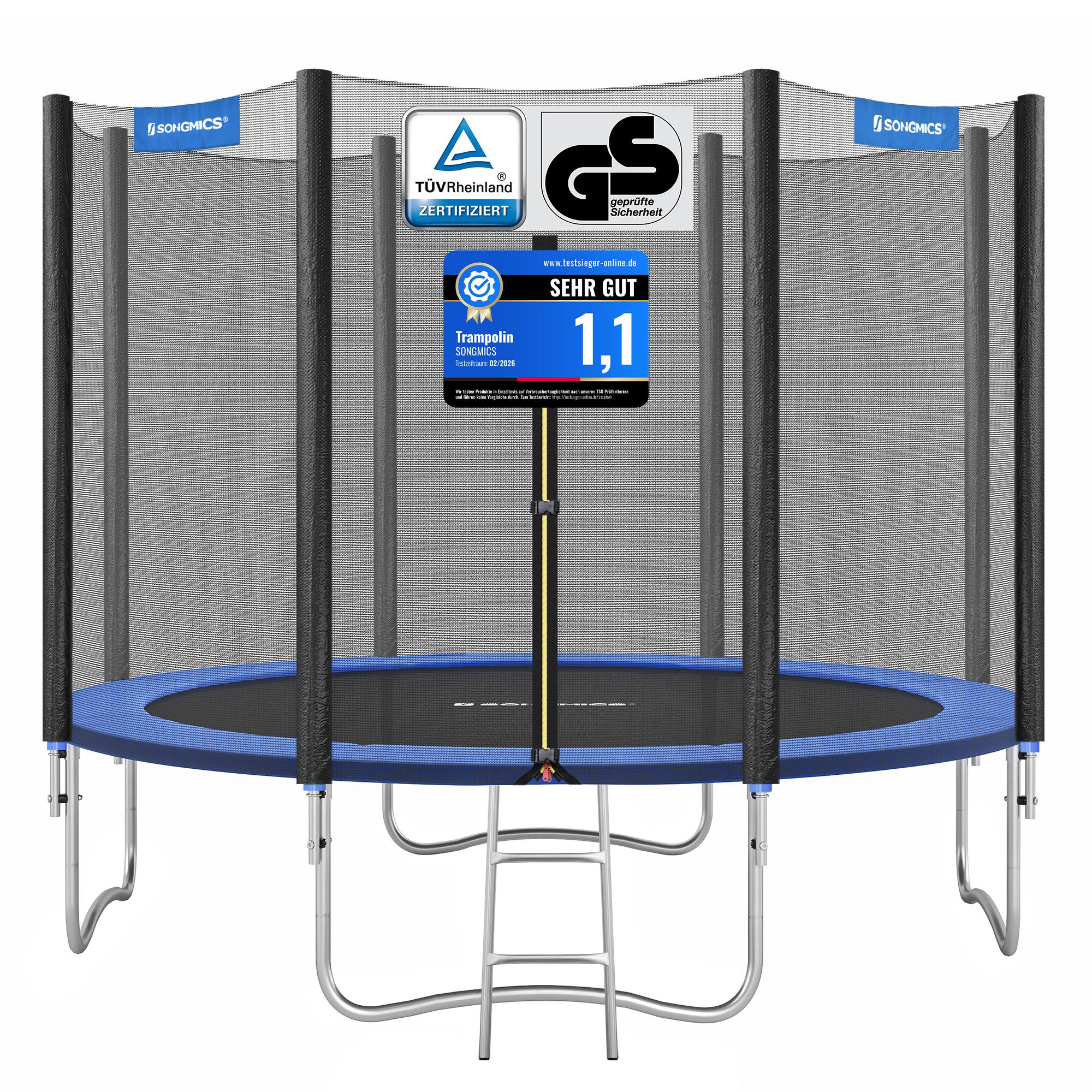 SONGMICS Gartentrampolin mit Randabdeckung, Sicherheitsnetz, Leiter und gepolsterten Stangen, Ø 305 cm, Ø244/Ø305/ Ø366 cm, mit Leiter und gepolsterten Stangen