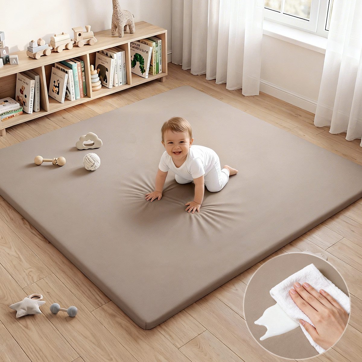 Comomy Spielmatte Ultraweiche Baby Krabbelmatte Laufstallmatte Kunstleder 127x127cm (3cm dicke Memory-Schaumstoffmatte, für Krabbeln & Bauchlage), Wasserdicht, Rutschfest