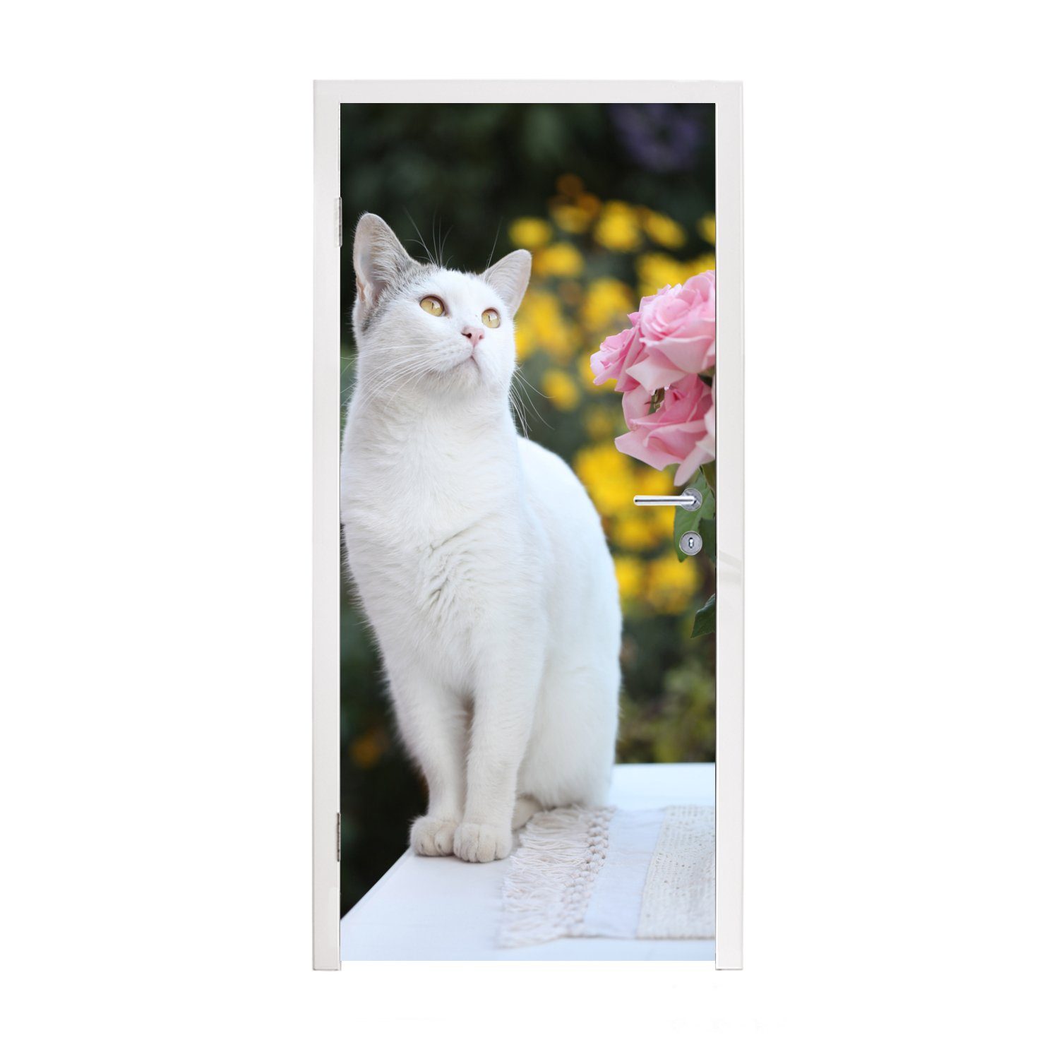 MuchoWow Türtapete Katze - Rosen - Blumenstrauß, Matt, bedruckt, (1 St), Fototapete für Tür, Türaufkleber, 75x205 cm