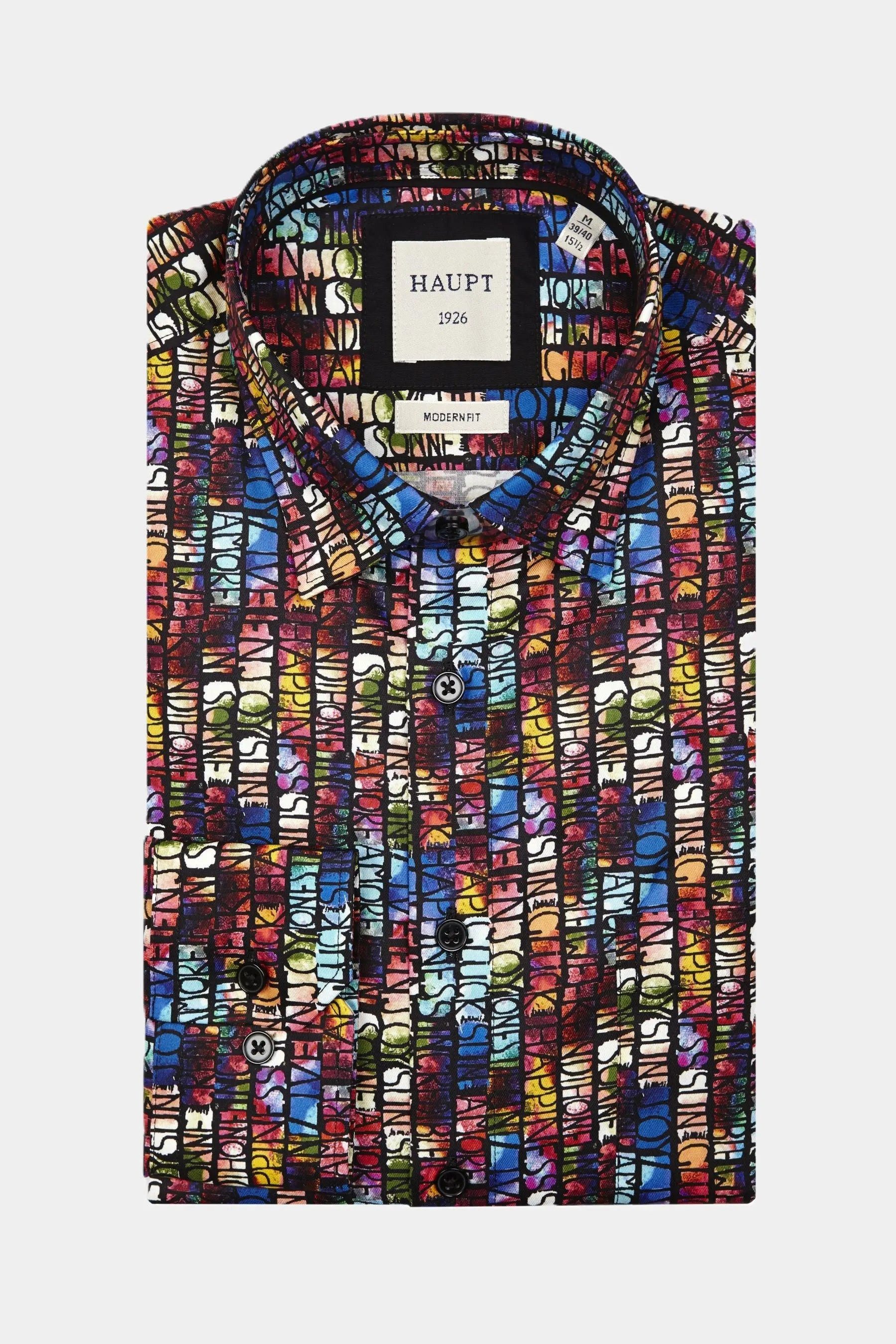 Haupt Langarmhemd Haupt Popelin Modern Fit Langarm Herrenhemd mit Multicolor Schrift