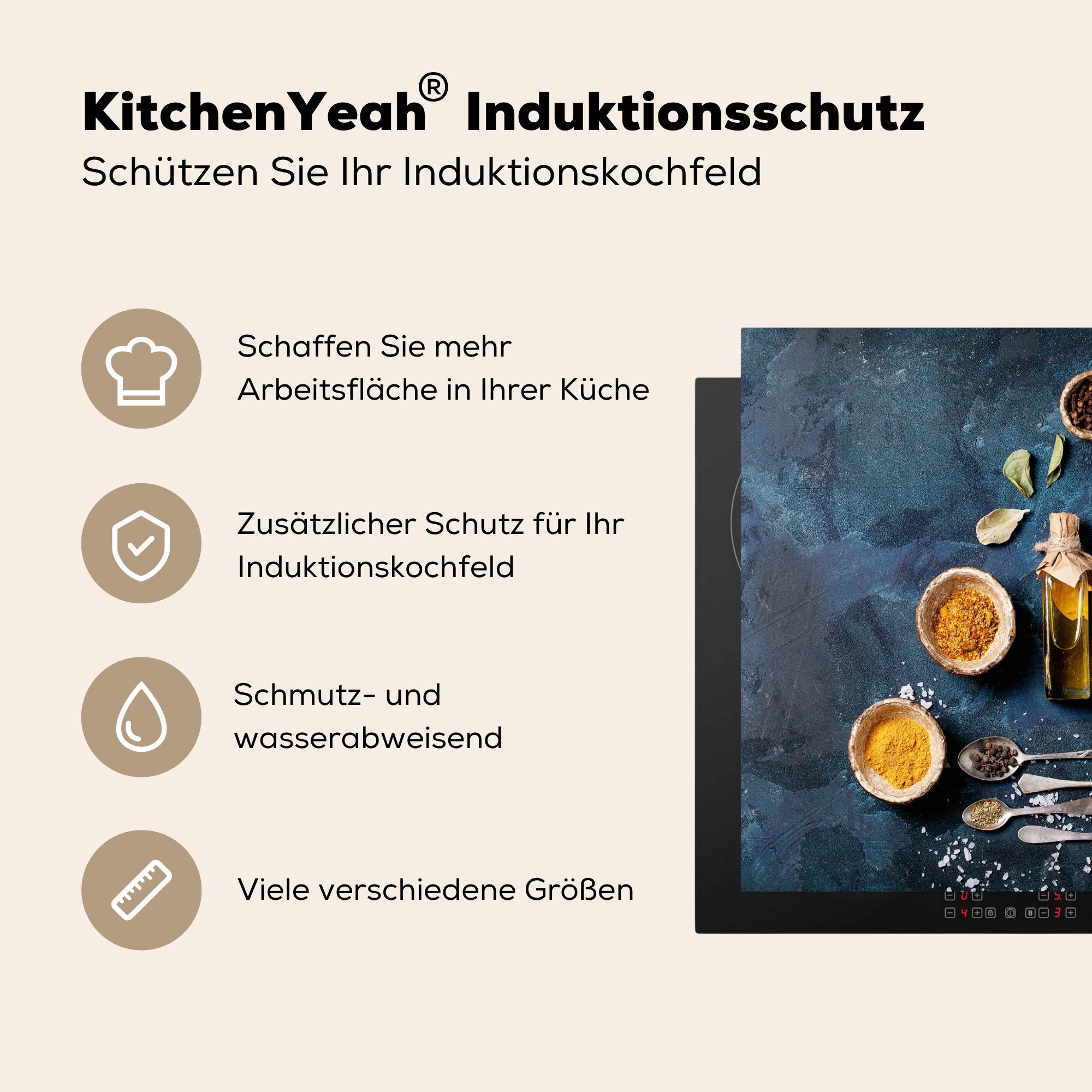 Vinyl, Gewürze MuchoWow - Induktionskochfeld, (1 - Küche, - Gewürze 57x51 Induktionsschutz, tlg), cm, Ceranfeldabdeckung - Schöpfkellen Herdblende-/Abdeckplatte Öl